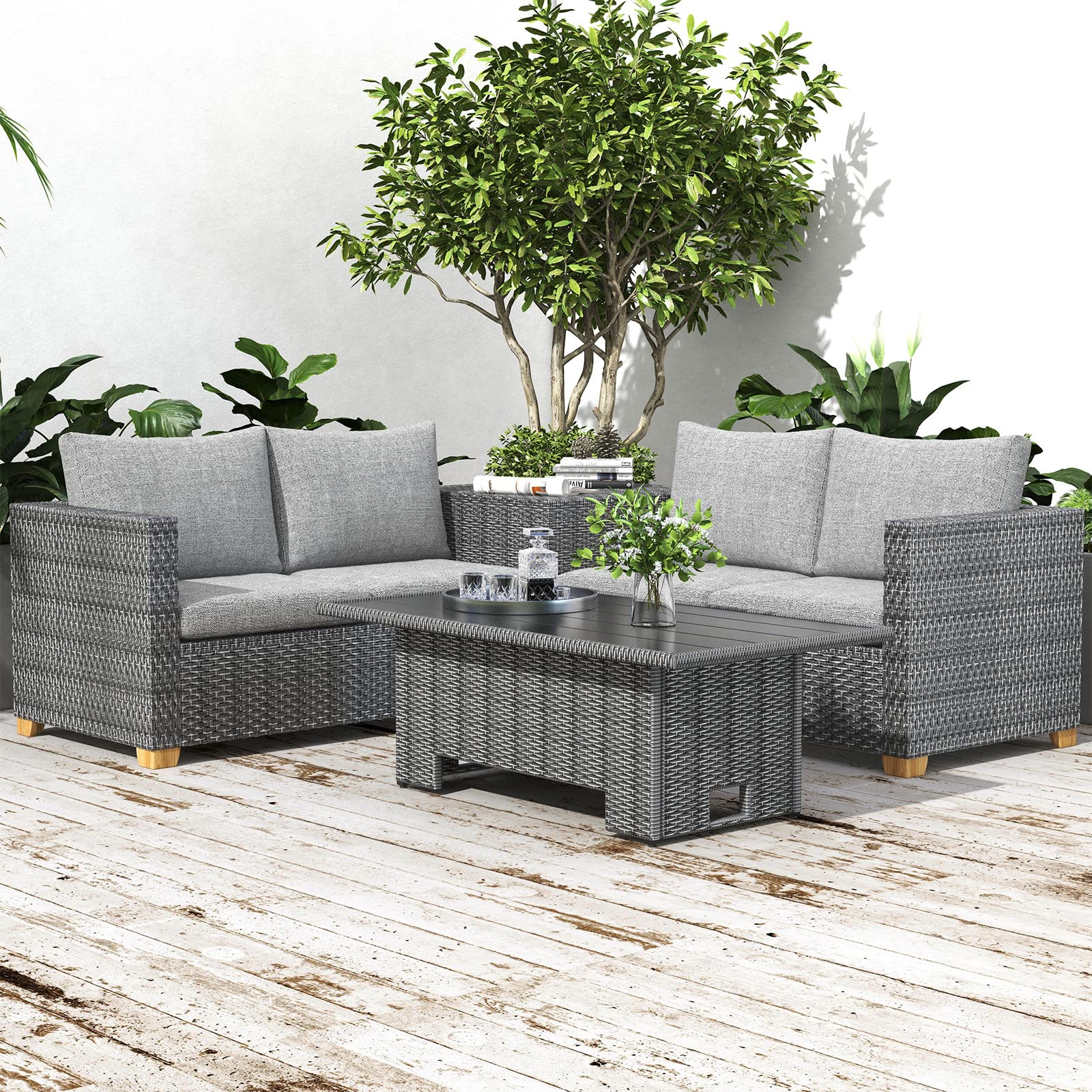 **Outdoor Coffee Table with Adjustable Lift Top & Storage Shelf - Patio, Garden, Picnic - Weather-Resistant Wicker Furniture for Relaxing & Entertaining**