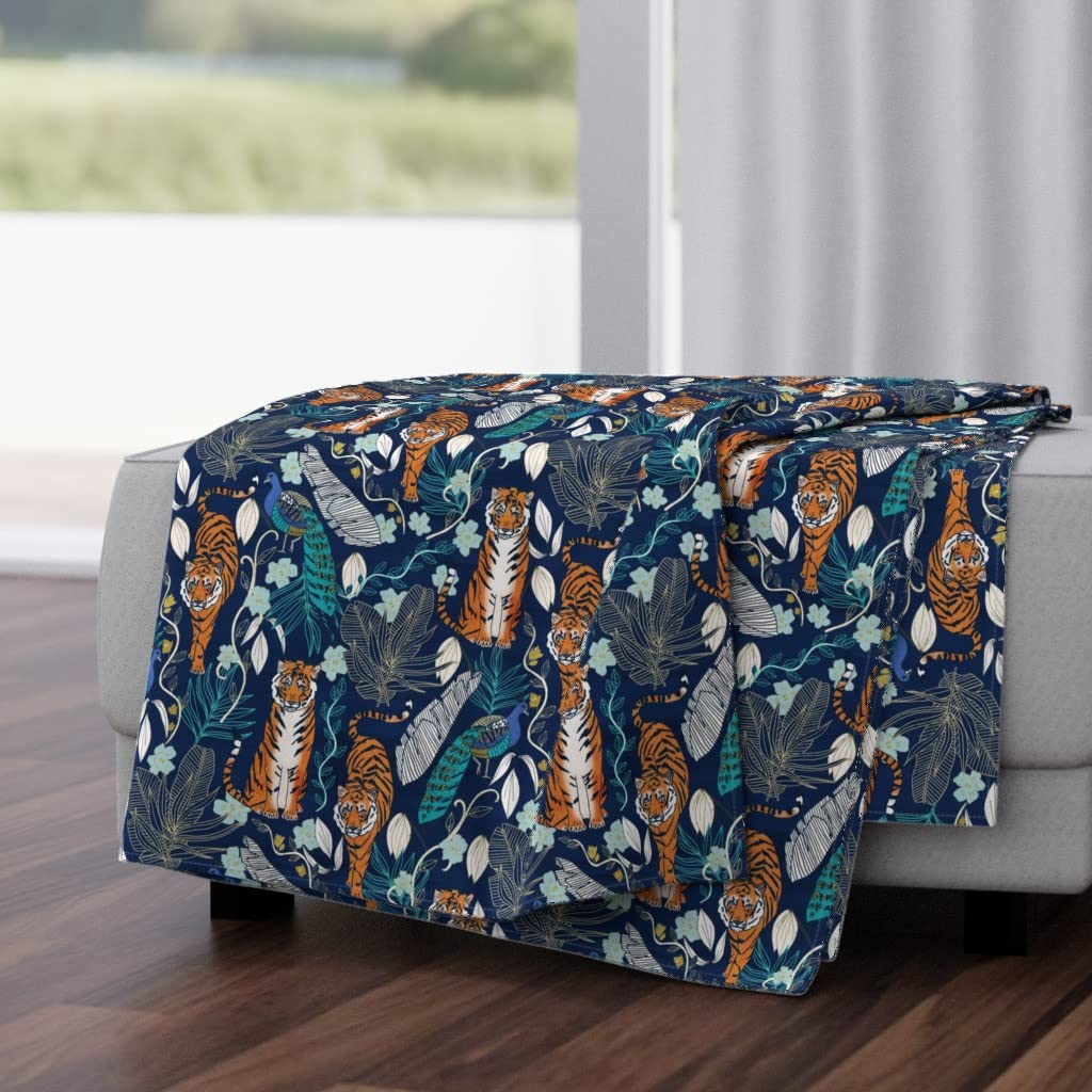 Luxe Velvet Throw Blanket 50x70 Inches - Tiger Jungle Navy Floral Print with Blue Leaves & Teal Orange Flowers | Soft Cozy Blanket for Bed, Couch, Sofa & Home Decor