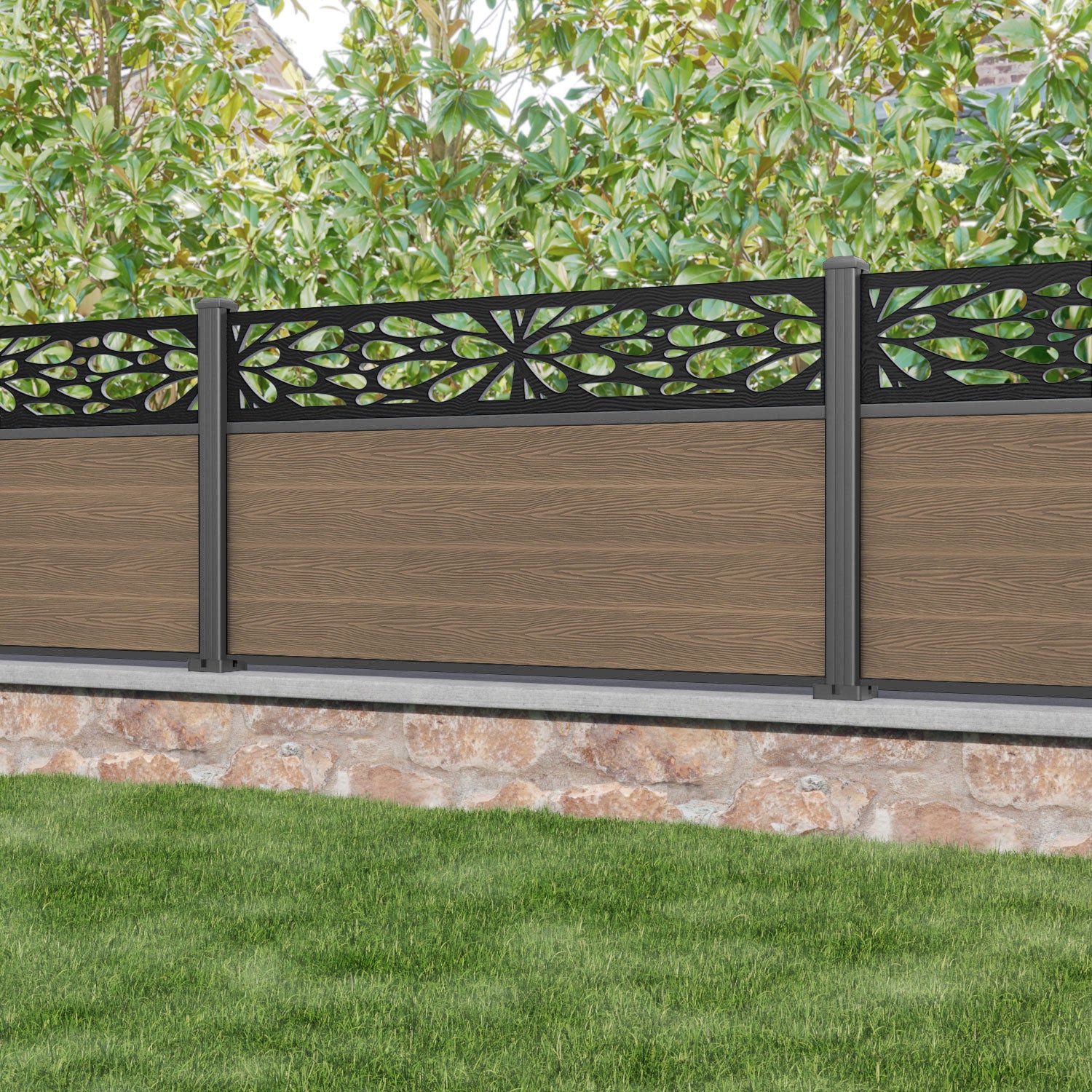 Classic Blossom Teak Wood Fence Panel with Aluminum Posts - Durable Outdoor Garden Fencing for Patio, Yard, and Poolside Privacy