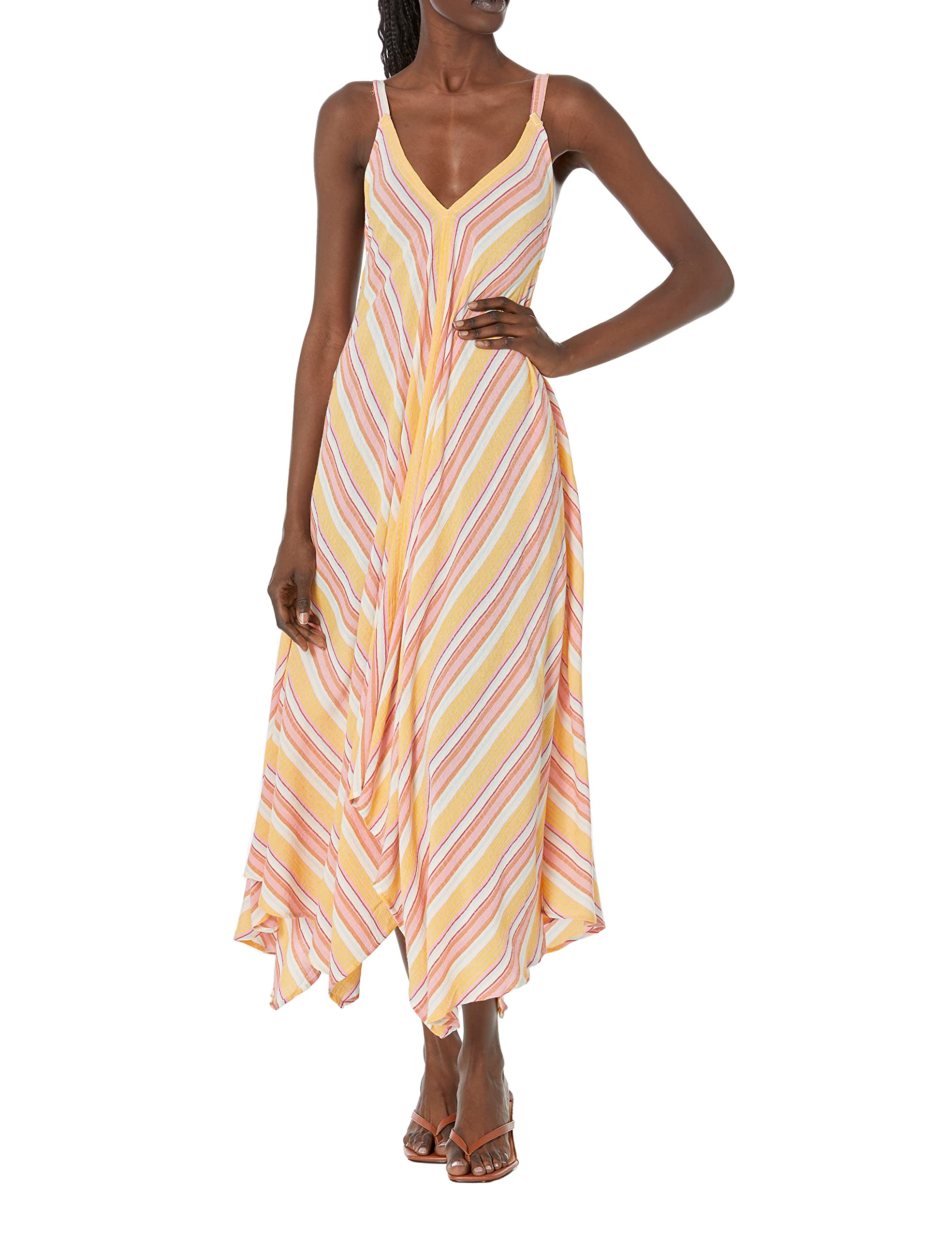 Angie Women's Striped Multicolor Hanky Hem Maxi Dress - Flowy Summer Beach Dress for Vacation, Party & Casual Wear