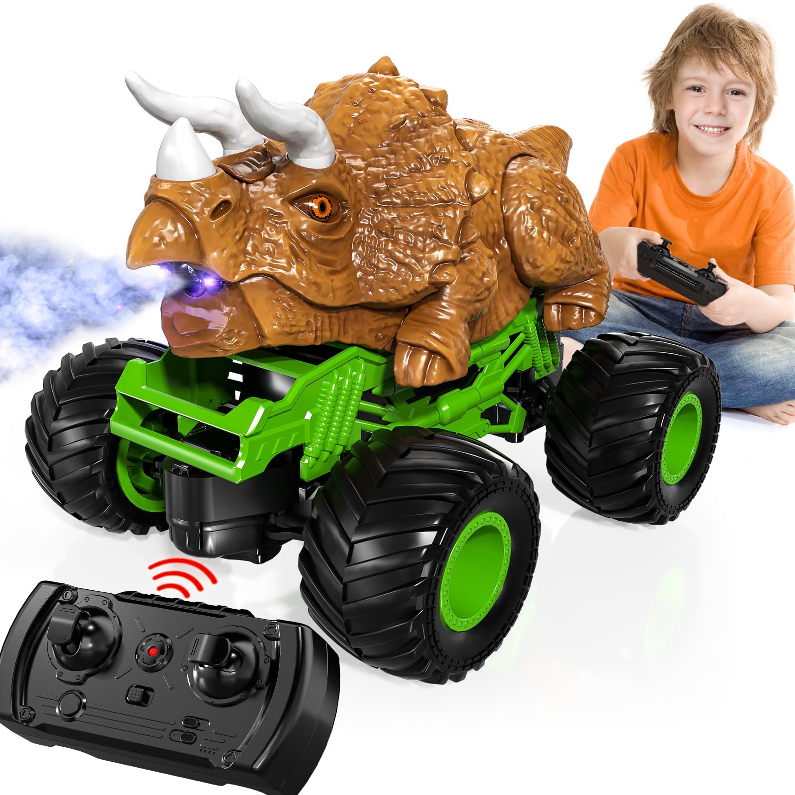 TEMI 1:24 Scale Remote Control Triceratops Dinosaur Toy Car - Rechargeable RC Monster Truck with Roaring Sound, LED Lights & Mist Spray - High Speed Off-Road Vehicle for Boys Ages 3-7 - Perfect Gift for Kids 3+ - Ideal for Indoor Play, Outdoor Adventures & Dinosaur Themed Parties