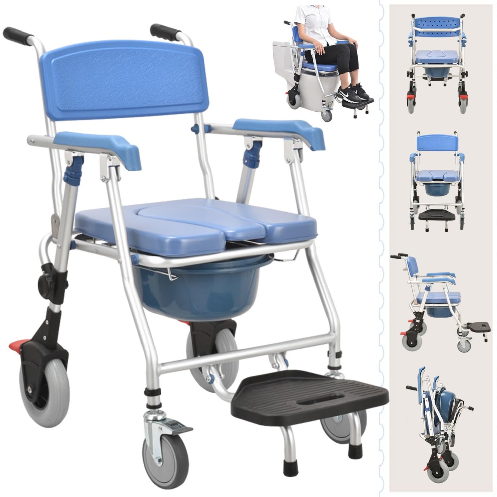4-in-1 Folding Shower Commode Chair with Locking Wheels & Removable Bucket - Adjustable Height Mobile Toilet Chair for Elderly & Disabled - Ideal for Bathroom Safety, Post-Surgery Recovery & Home Care Use