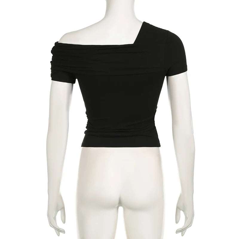 Women's Asymmetrical Fitness Crop Top - Solid Color Summer T-Shirt with Sexy Fold Design & Short Sleeves | Gym Wear, Yoga, Casual Outfits, Street Style