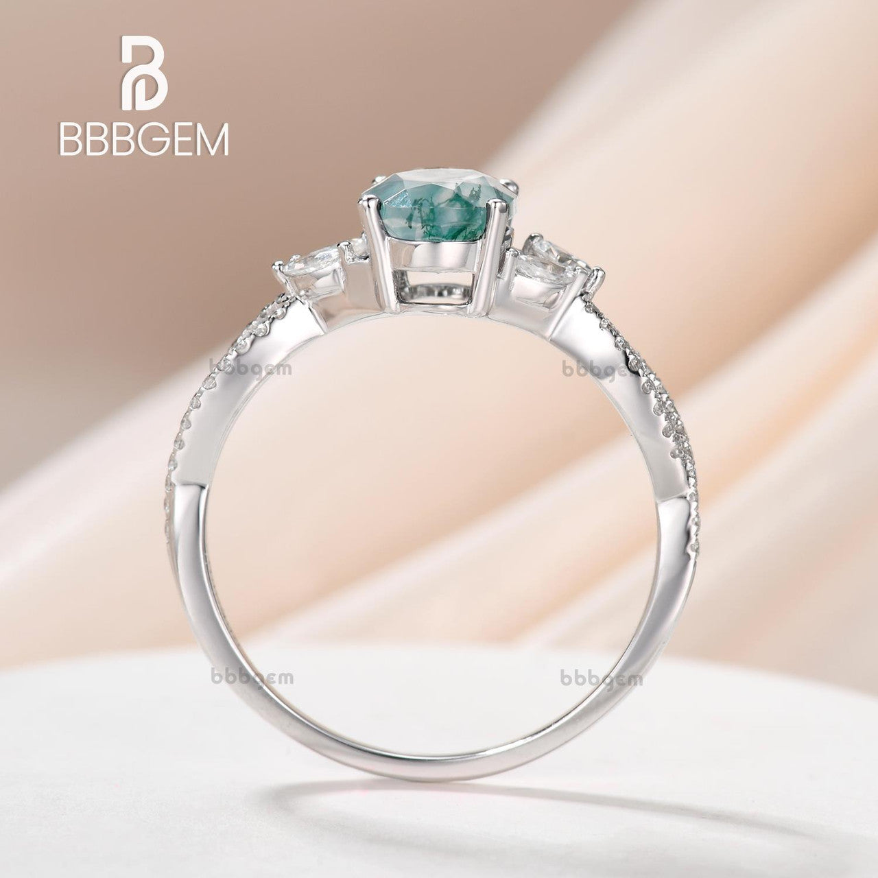 14K Pink Gold Oval Cut Moss Agate Engagement Ring with Marquise Moissanite Infinity Band - Elegant Wedding Ring for Women, Perfect for Proposals, Anniversaries & Special Occasions