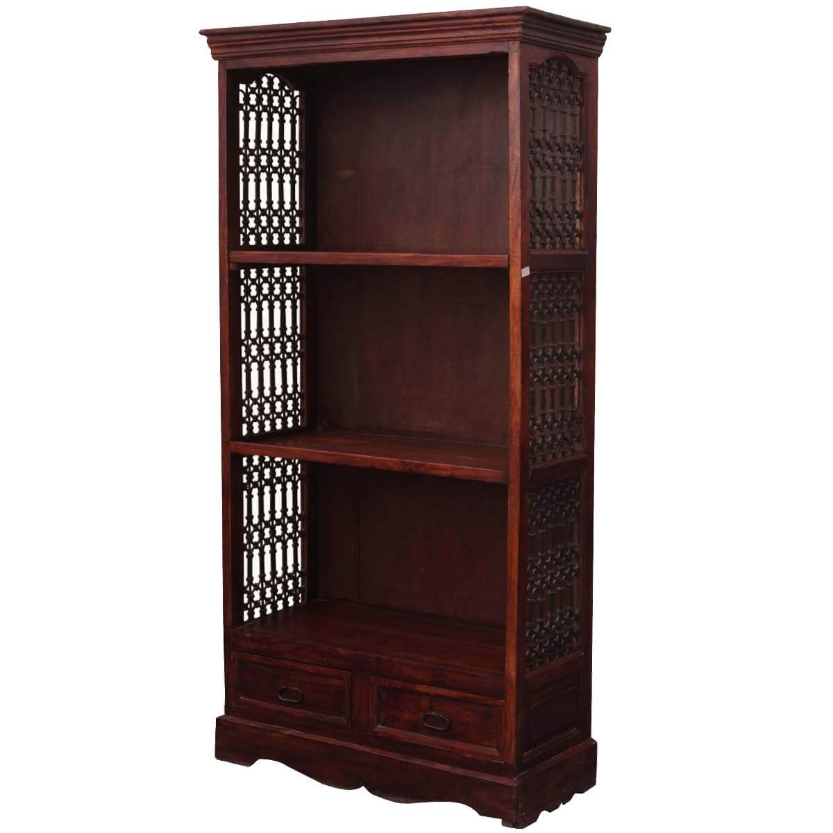 Rustic Solid Wood Office Bookcase with 3 Open Shelves and Drawers - Perfect for Home Office, Study Room, and Library Storage