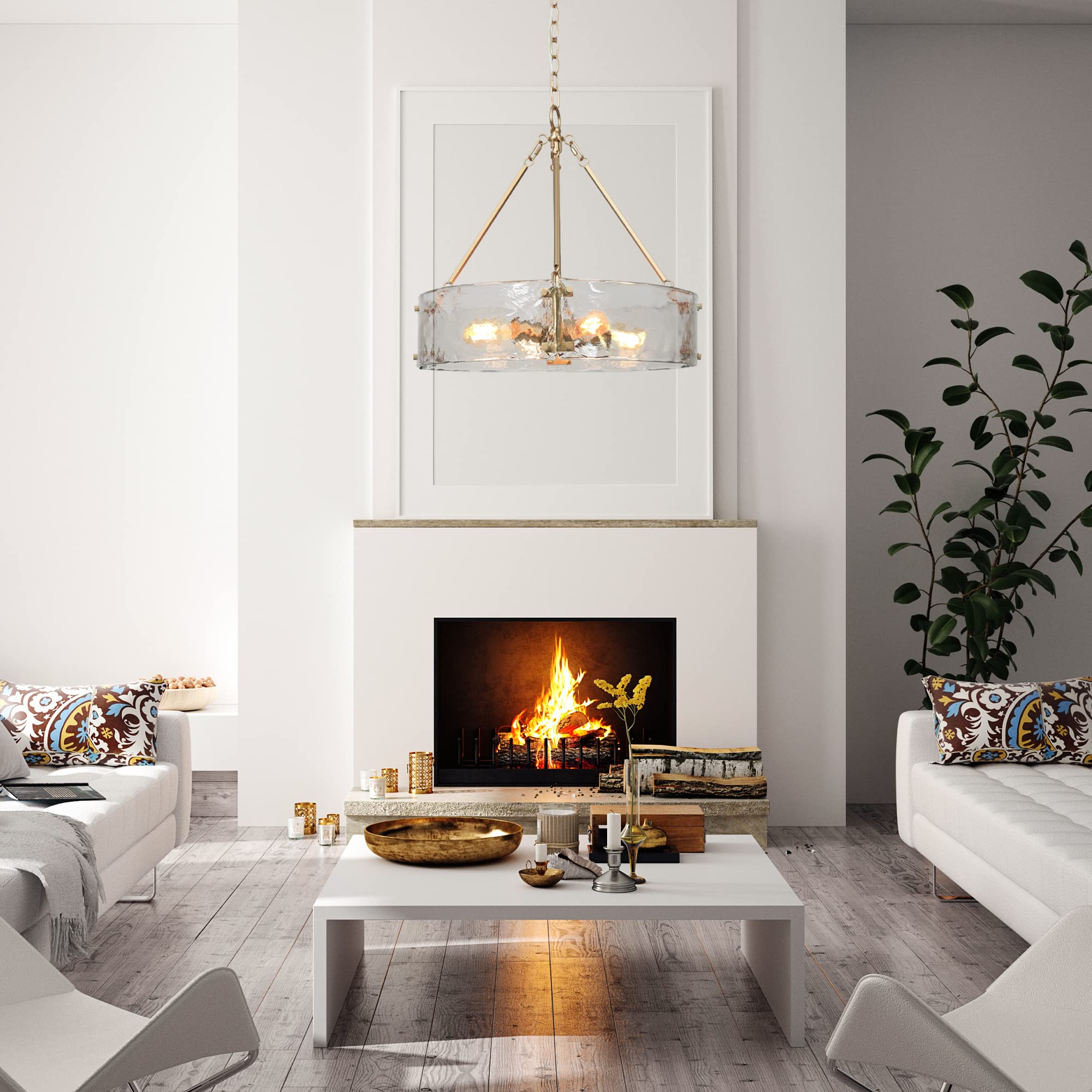 ZEVNI 4-Light Modern Gold Chandelier with Glass Drum Shade - 19.5