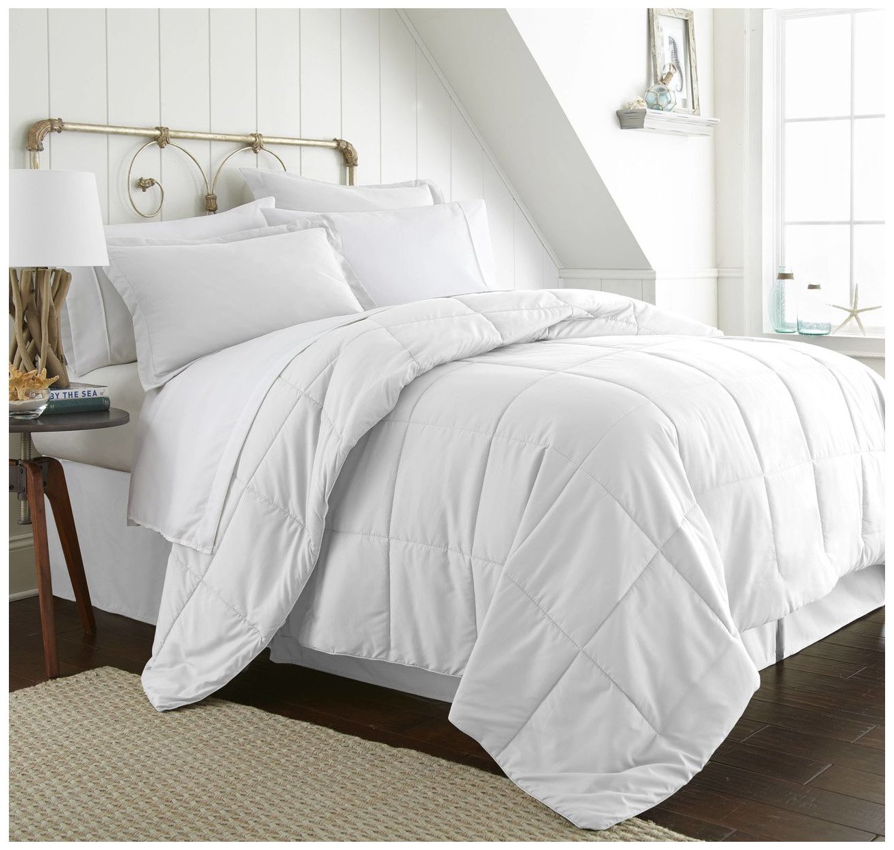 ienjoy Home California King Bed in a Bag - 7-Piece Luxury Bedding Set with Comforter, Sheets & Pillowcases (White) for Master Bedroom, Guest Room & Hotel Style Decor
