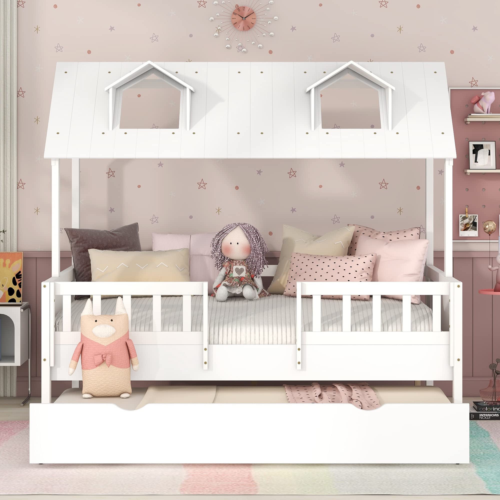 MERITLINE Full House Bed with Trundle - White Wooden Platform Bed Frame with Roof for Kids, Teens, Boys & Girls - Perfect for Small Bedrooms, Playrooms & Sleepovers