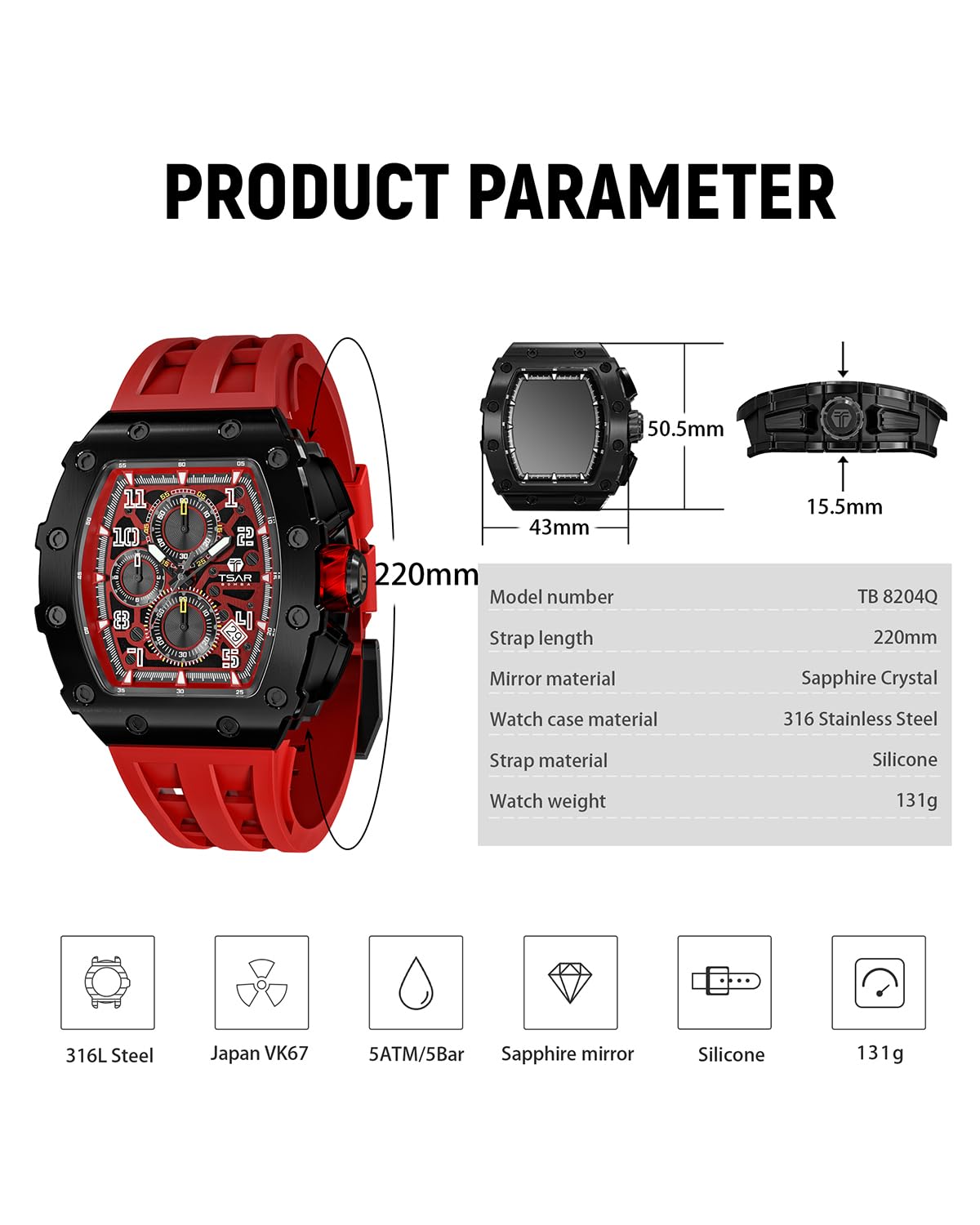 TSAR BOMBA Luxury Men's Watch - Japanese Quartz Chronograph with Sapphire Crystal & Luminous Diver Design - 50M Water Resistant Rubber Strap Watch for Business, Casual & Diving - Perfect Gift for Him
