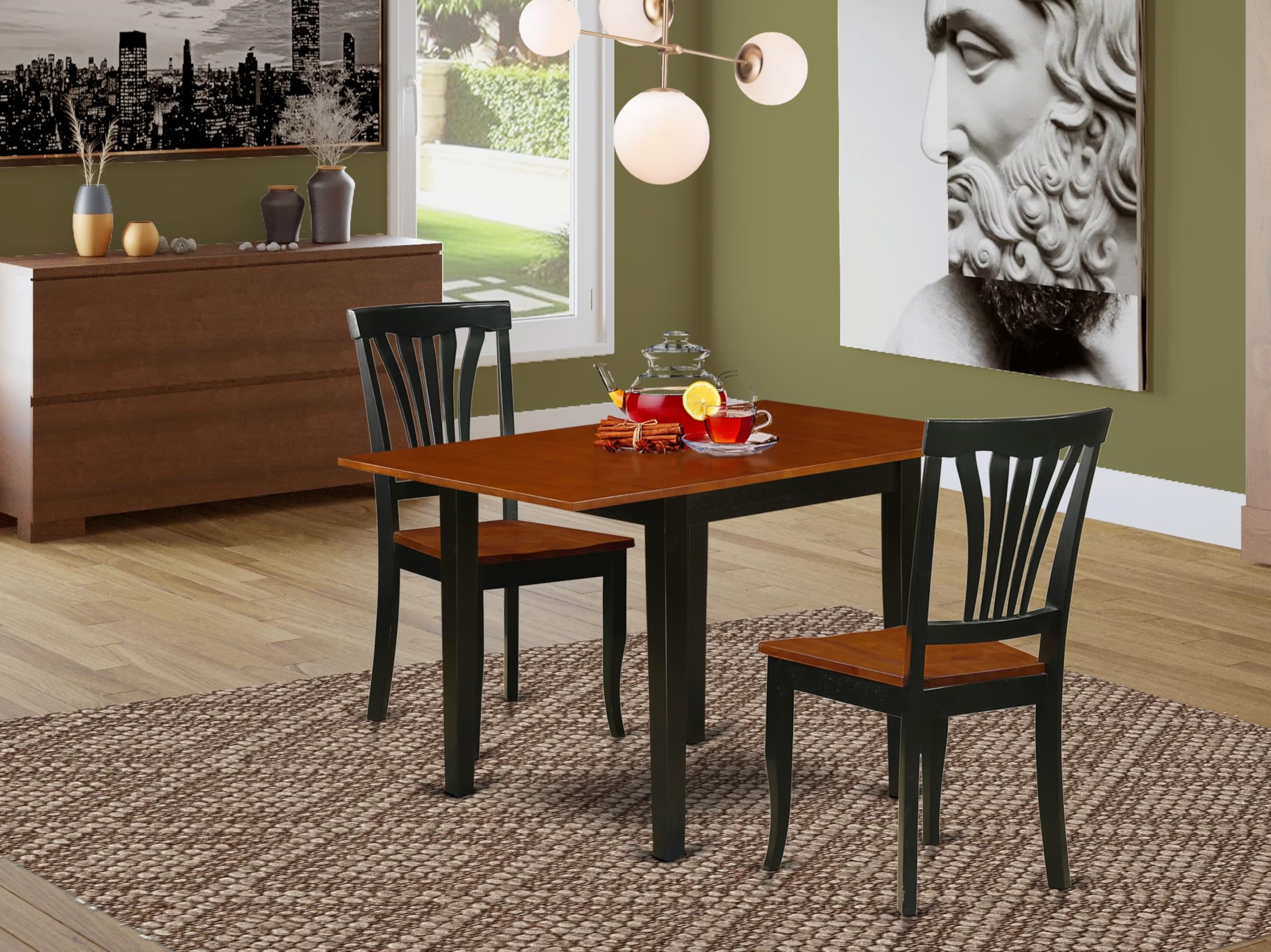 East West Furniture NDAV3-BCH-W 3 Piece Dining Set - 30x48 Inch Black & Cherry Rectangle Drop Leaf Table with 2 Kitchen Chairs | Space-Saving Dining Solution for Small Apartments, Breakfast Nooks & Cozy Kitchens