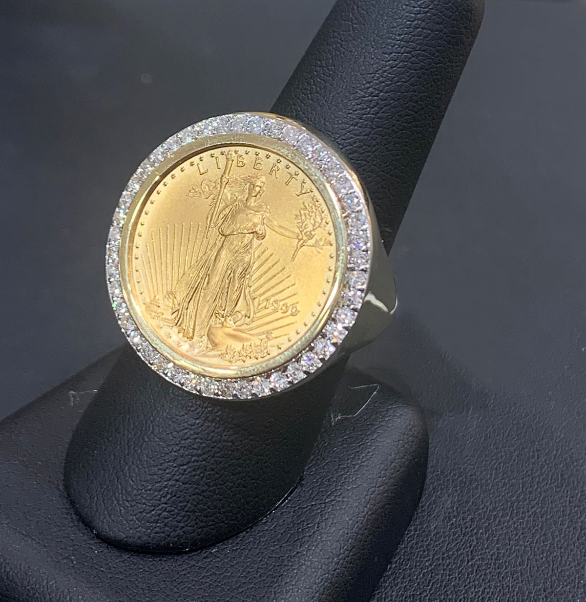 14YG Men's Coin Diamond Ring - Vintage Style Gold Plated Jewelry for Gifts, Wedding & Special Occasions