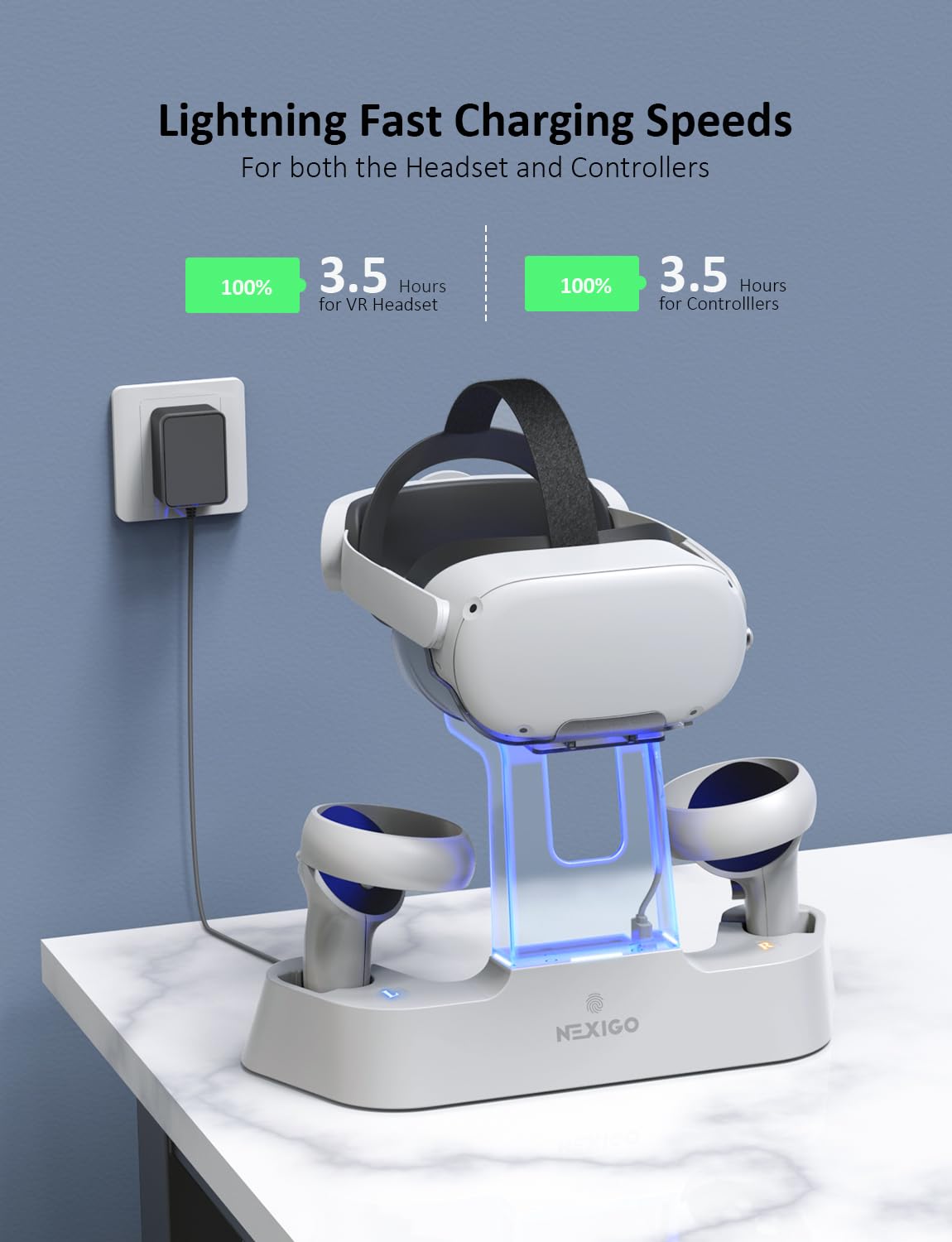 NexiGo Enhanced Charging Dock with LED Light [On/Off] for Oculus Quest 2 - Compatible with Elite Strap Battery, VR Headset Display Stand & Controller Holder - Includes 2 Rechargeable Batteries & USB-C Charger - Perfect for Oculus Quest 2 Gaming Setup & VR Accessories Organization