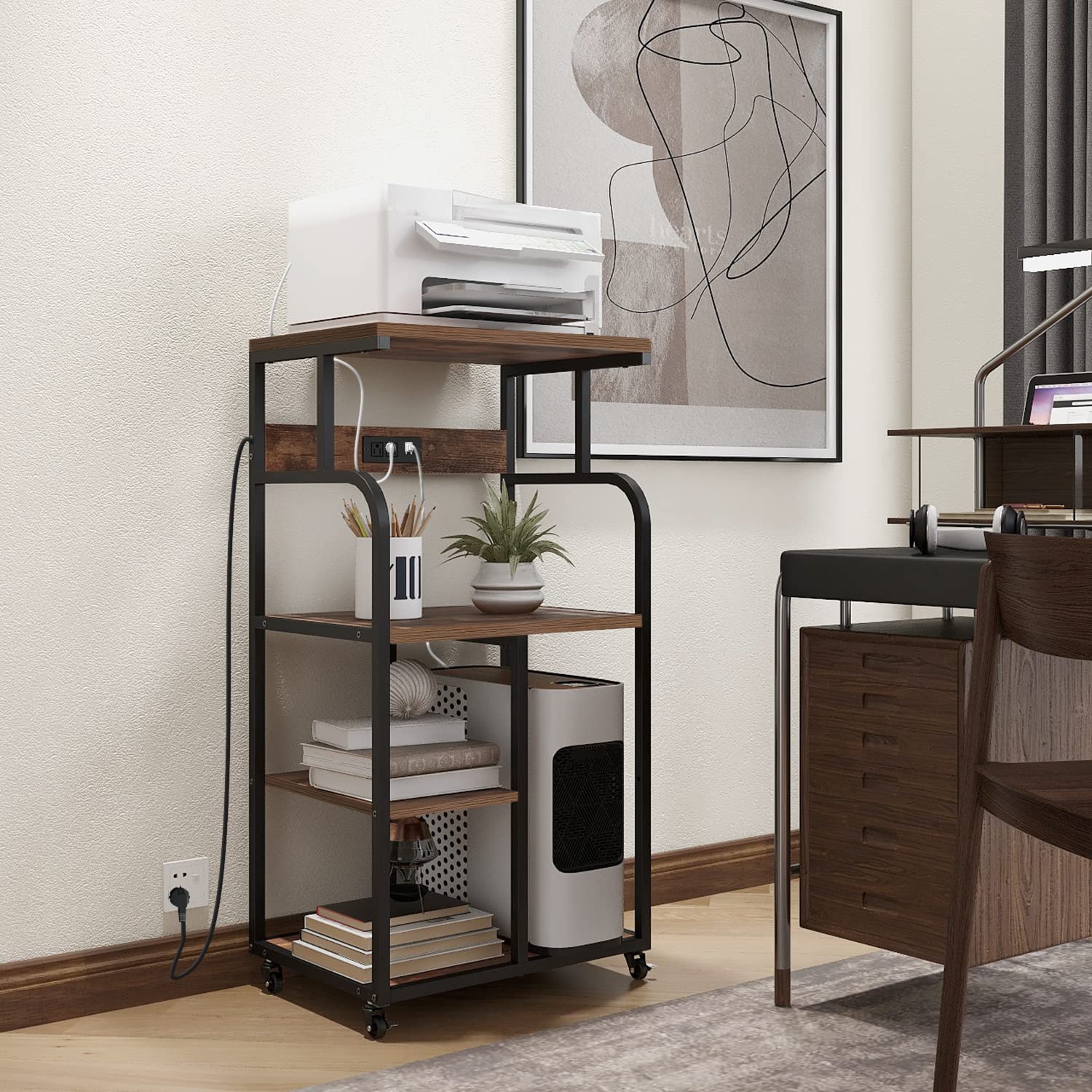 VEDECASA 3-Tier Rolling Printer Stand with Charging Station & USB Port - Adjustable Shelf, 21.2