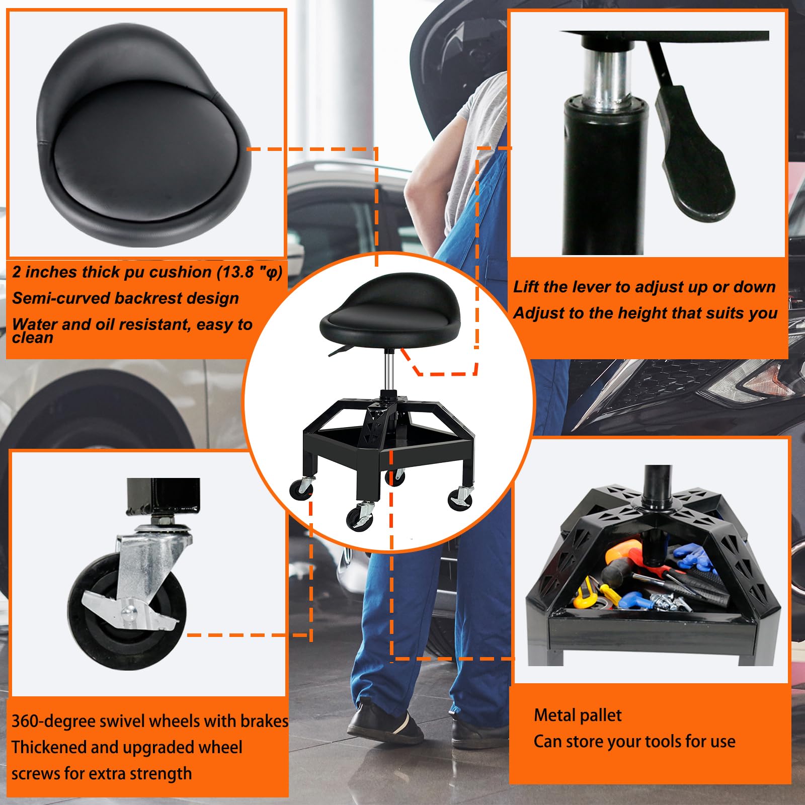 Heavy Duty Adjustable Rolling Mechanic Stool with Lockable 360° Wheels & Tool Tray - 350 Lbs Capacity Garage Shop Rolling Seat for Mechanics, DIY Enthusiasts - Perfect for Auto Repair, Workshop & Home Garage Use
