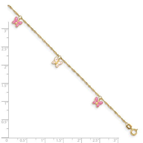 14K Yellow Gold Pink & White Enamel Butterfly Anklet Bracelet - Elegant Foot Jewelry for Women, Perfect for Summer, Beach & Boho Fashion