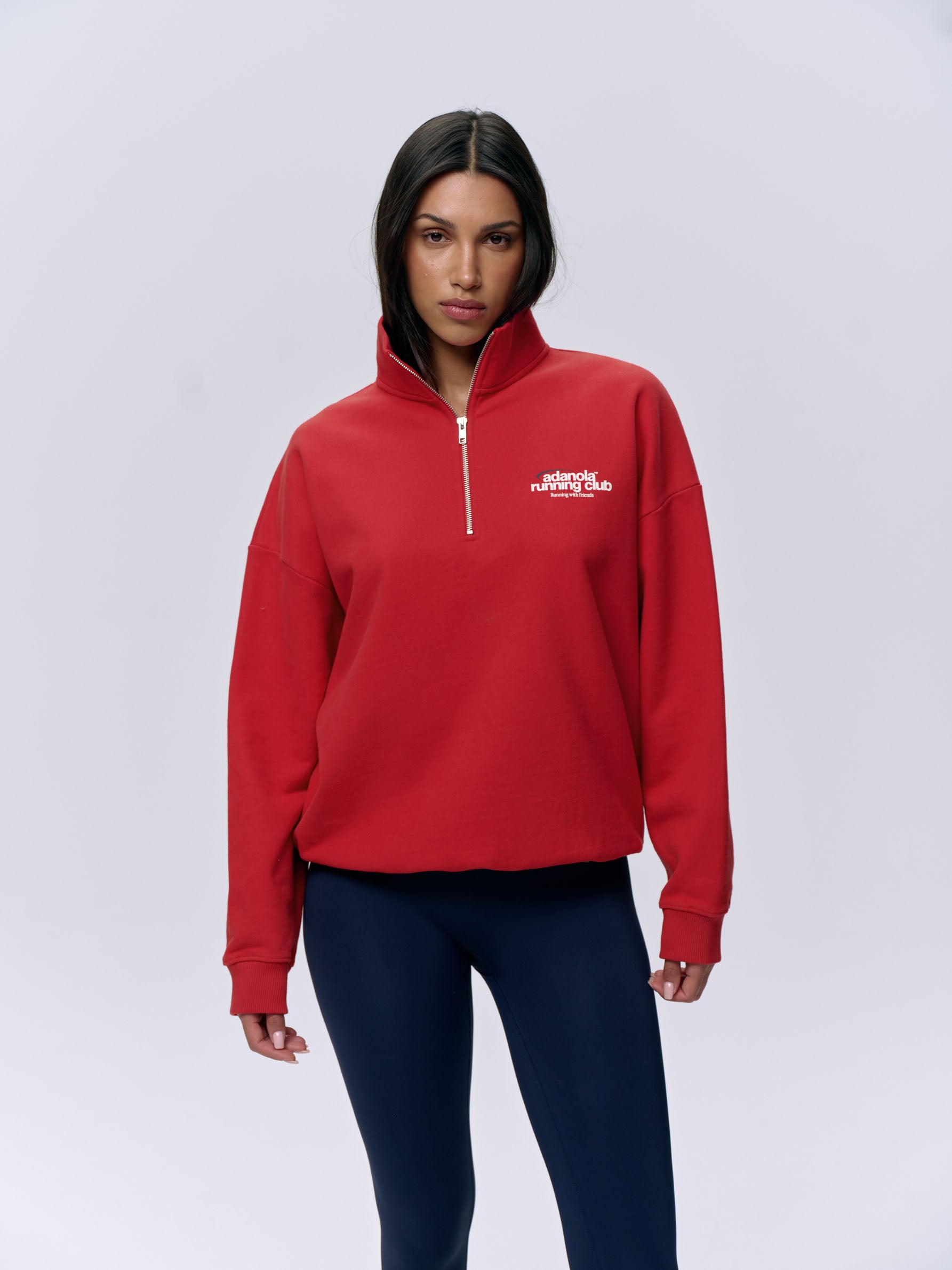 Adanola Women's Running Oversized Funnel Neck Zip-Up Sweatshirt - Classic Red | Athletic Hoodie for Jogging, Gym & Casual Wear
