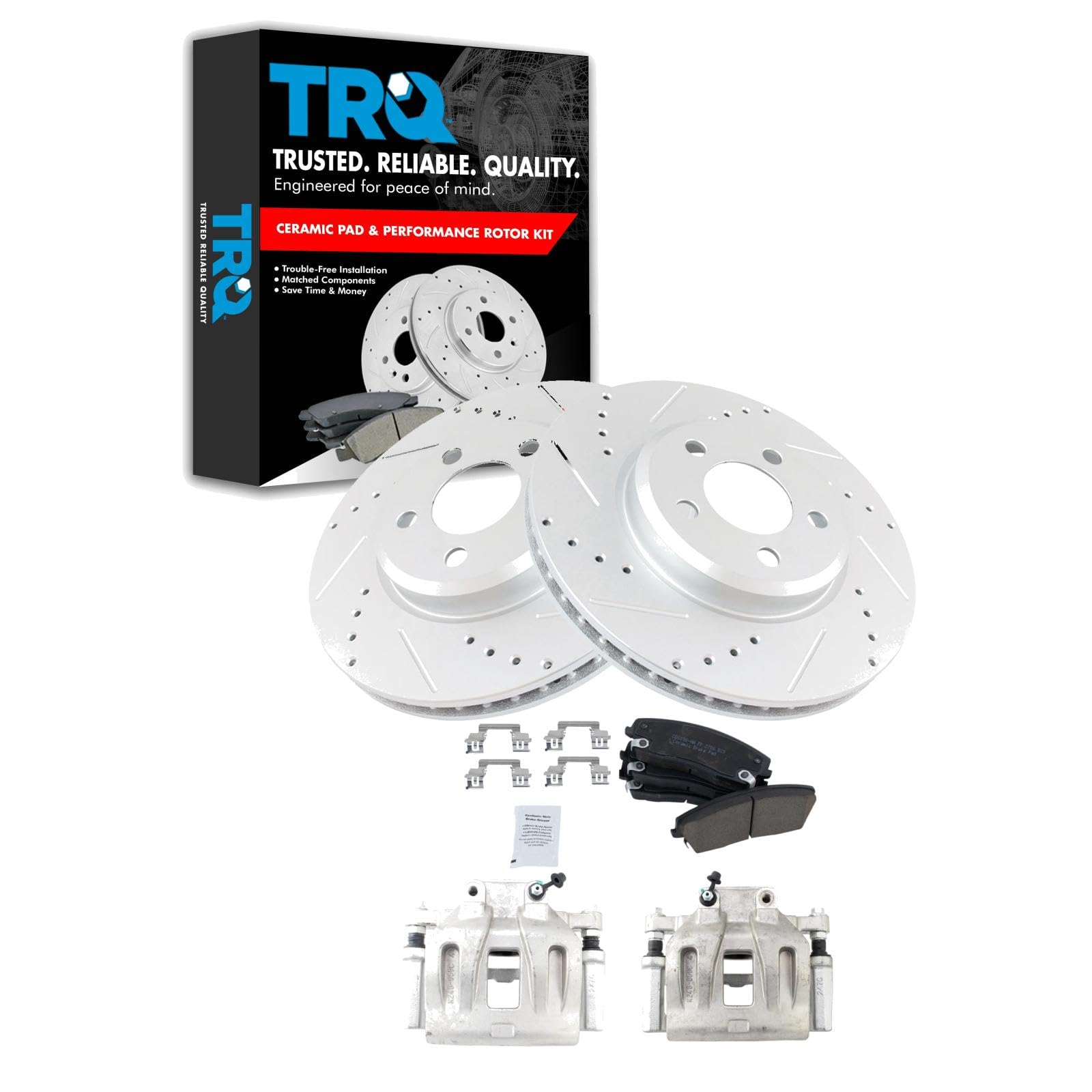 TRQ Front Brake Calipers with Ceramic Pads & Drilled Rotors - Compatible with Dodge 300, Charger, Magnum - High Performance Braking for Street & Track Use