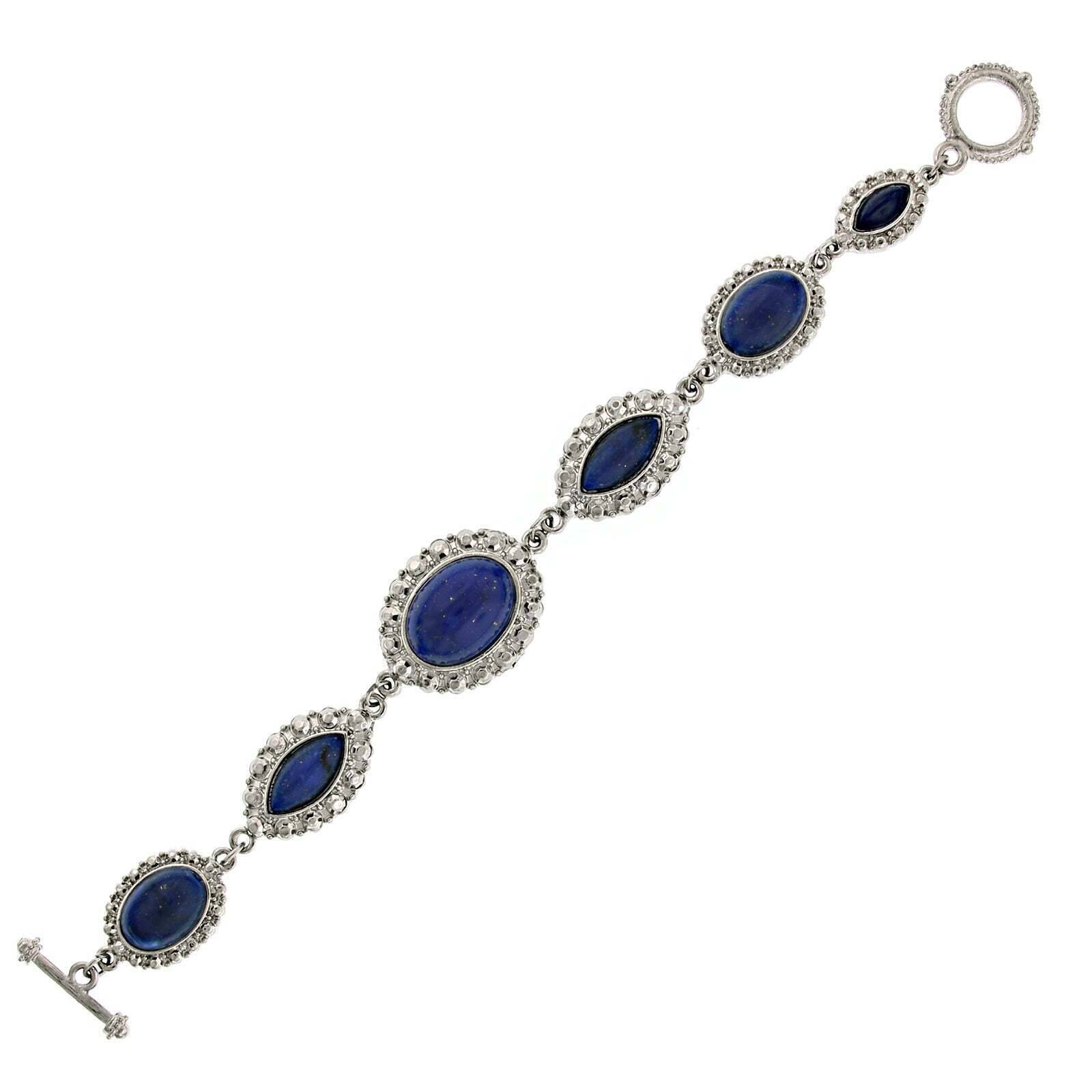 1928 Jewelry Blue Lapis Cabochon Gold Stone Toggle Bracelet - Elegant Handmade Adjustable Wrist Jewelry for Women, Perfect for Parties, Weddings & Everyday Wear