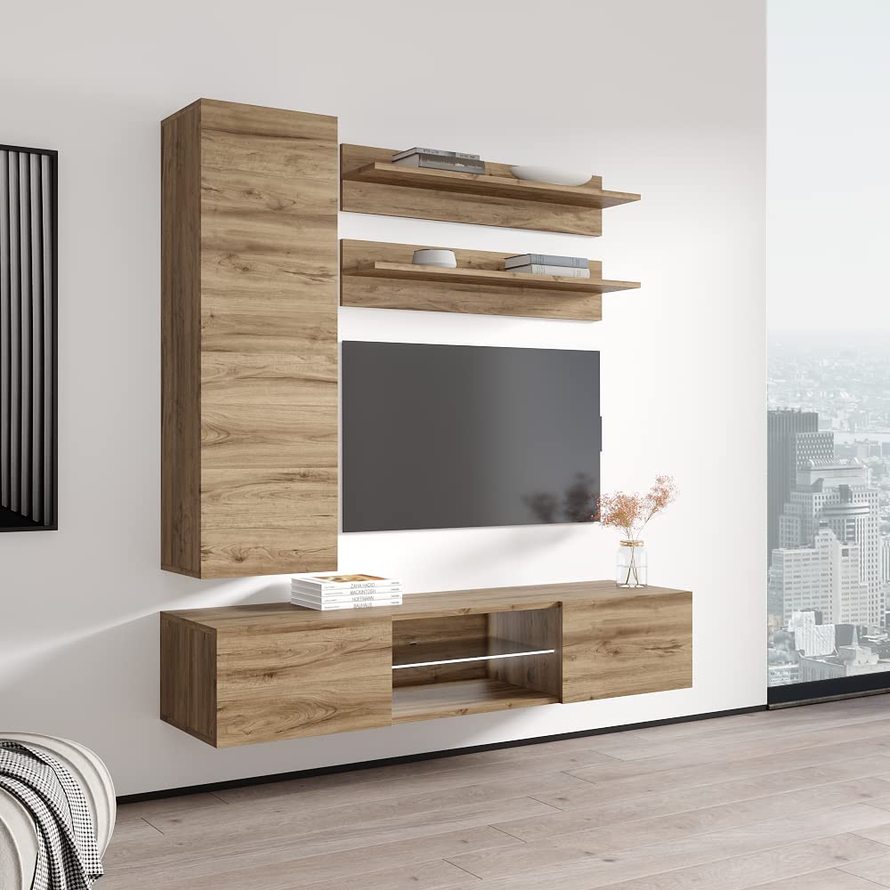 Modern Oak Wall-Mounted TV Stand with Storage Shelves & LED Lights - Floating Entertainment Center for Living Room & Bedroom - Space-Saving H1 33TV Console - Perfect for Small Apartments, Home Theaters, and Modern Interior Design
