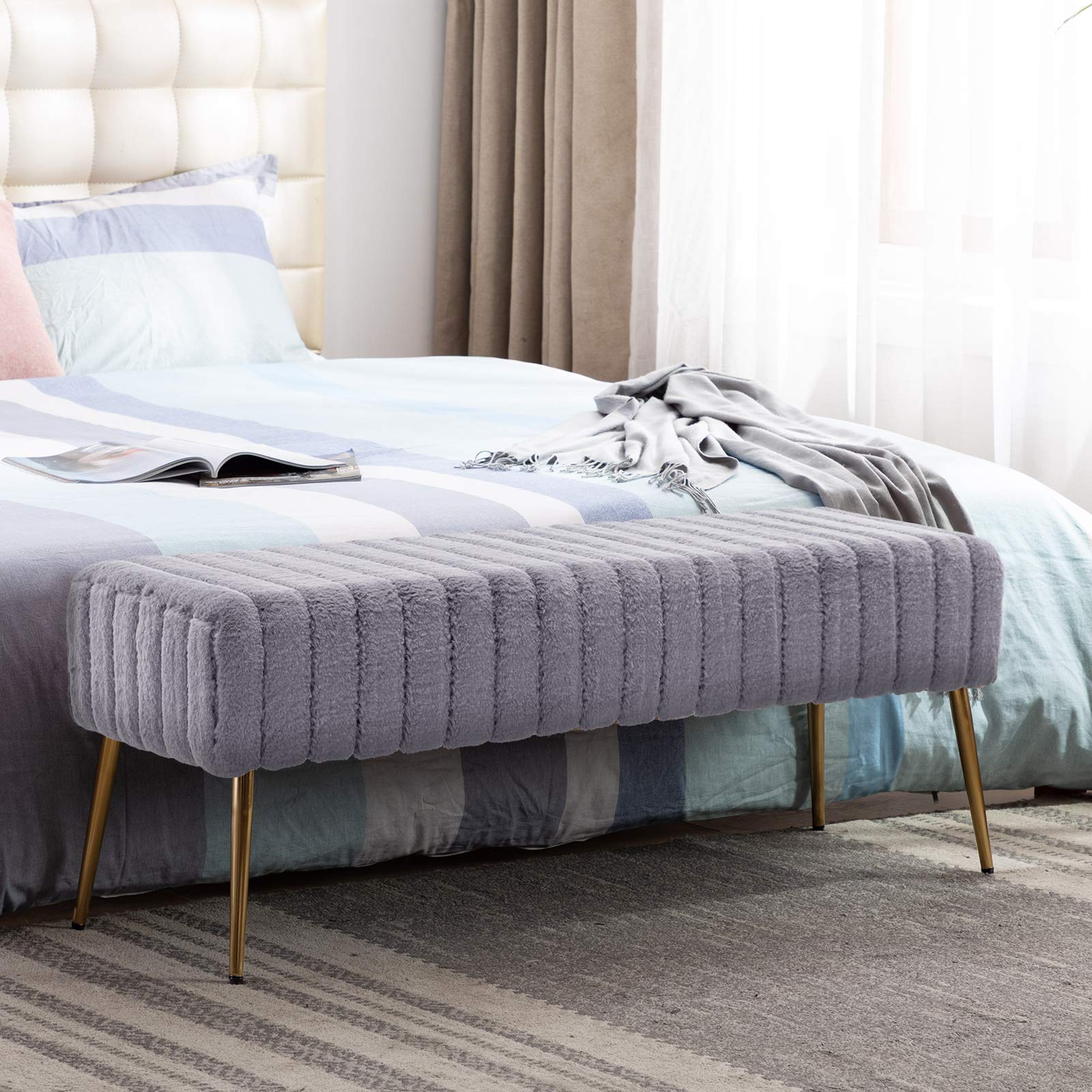 DUHOME Faux Fur Ottoman Bench with Gold Legs - Upholstered Stitched Footrest for Bedroom, Living Room & Entryway - Grey Velvet Storage Bench (Perfect for Small Spaces, Home Decor & Cozy Seating)
