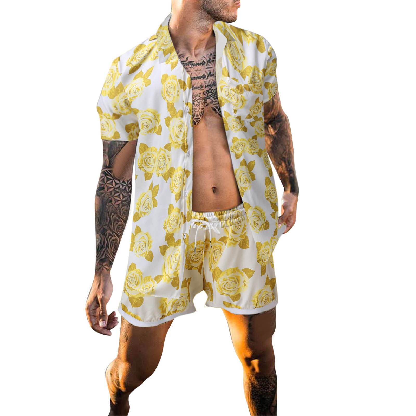 Men's Hawaiian Shirt & Shorts Set - Tropical Floral Print Summer Vacation Outfit | Beach Party, Luau, Casual Wear