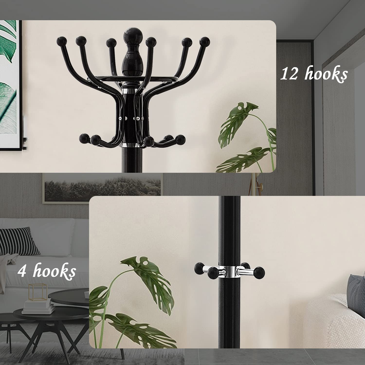 Kertnic 16-Hook Freestanding Coat Rack with Natural Marble Base - Entryway Hall Tree for Jackets, Hats, Purses & Scarves | Easy Assembly Black Coat Hanger Stand for Home, Office & Mudroom Organization