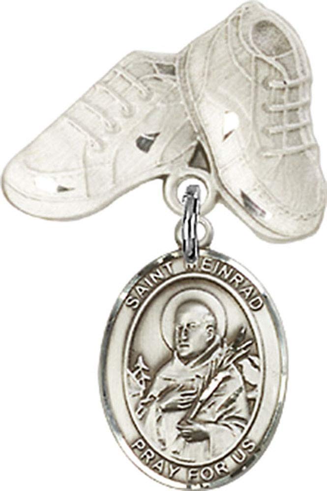 Sterling Silver Baby Badge with St. Meinrad of Einsideln Charm & Baby Boots Pin - Handcrafted in USA | Elegant Christening Gift for Newborns, Baptism Keepsake, First Communion Jewelry