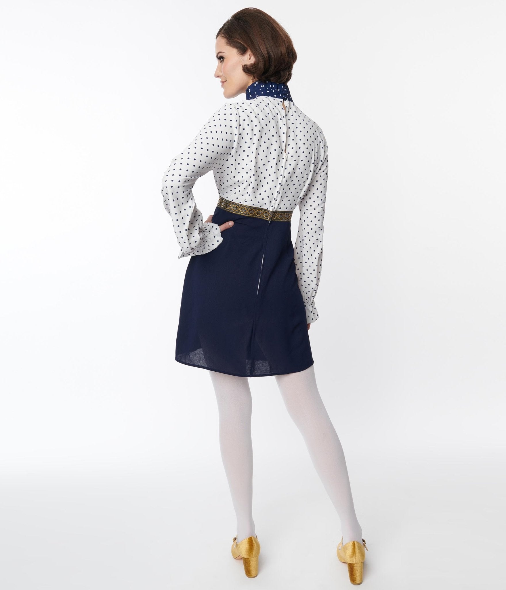 Smak Parlour White & Navy Ruffle Neck Empire A-Line Dress for Women | Elegant Summer Cocktail Party & Wedding Guest Outfit