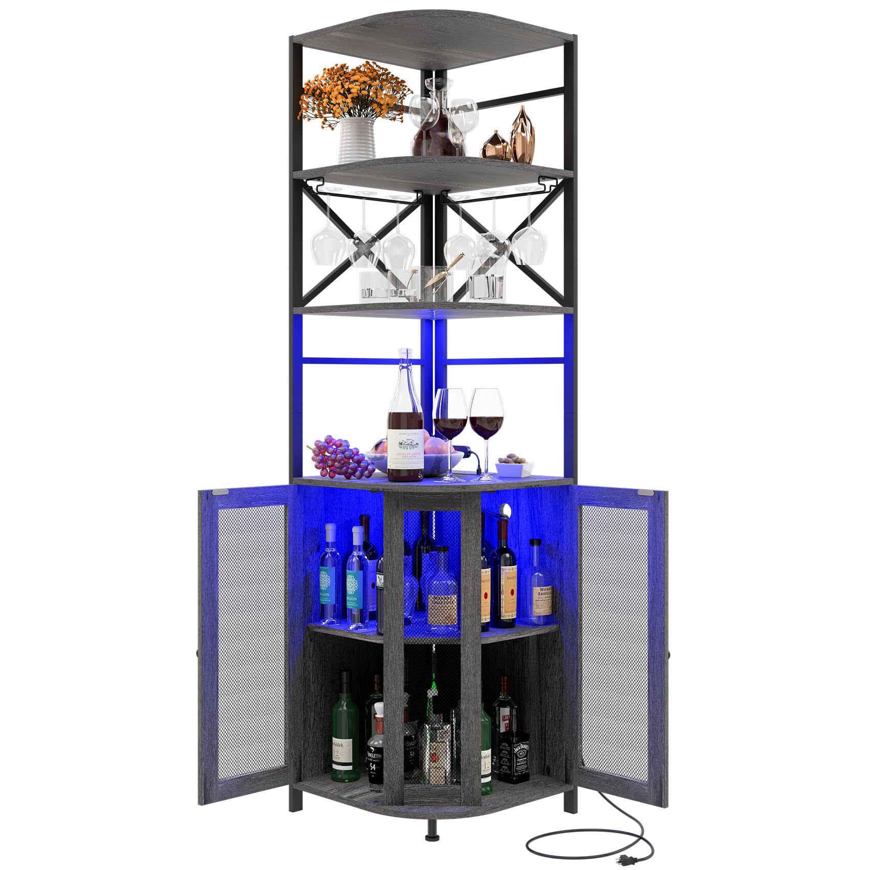 6-Tier Industrial Wine Bar Cabinet with LED Light, Power Outlet & Adjustable Shelves - Corner Liquor Storage with Glass Holder & Mesh Door - Perfect for Home Bars, Dining Rooms & Entertaining Guests