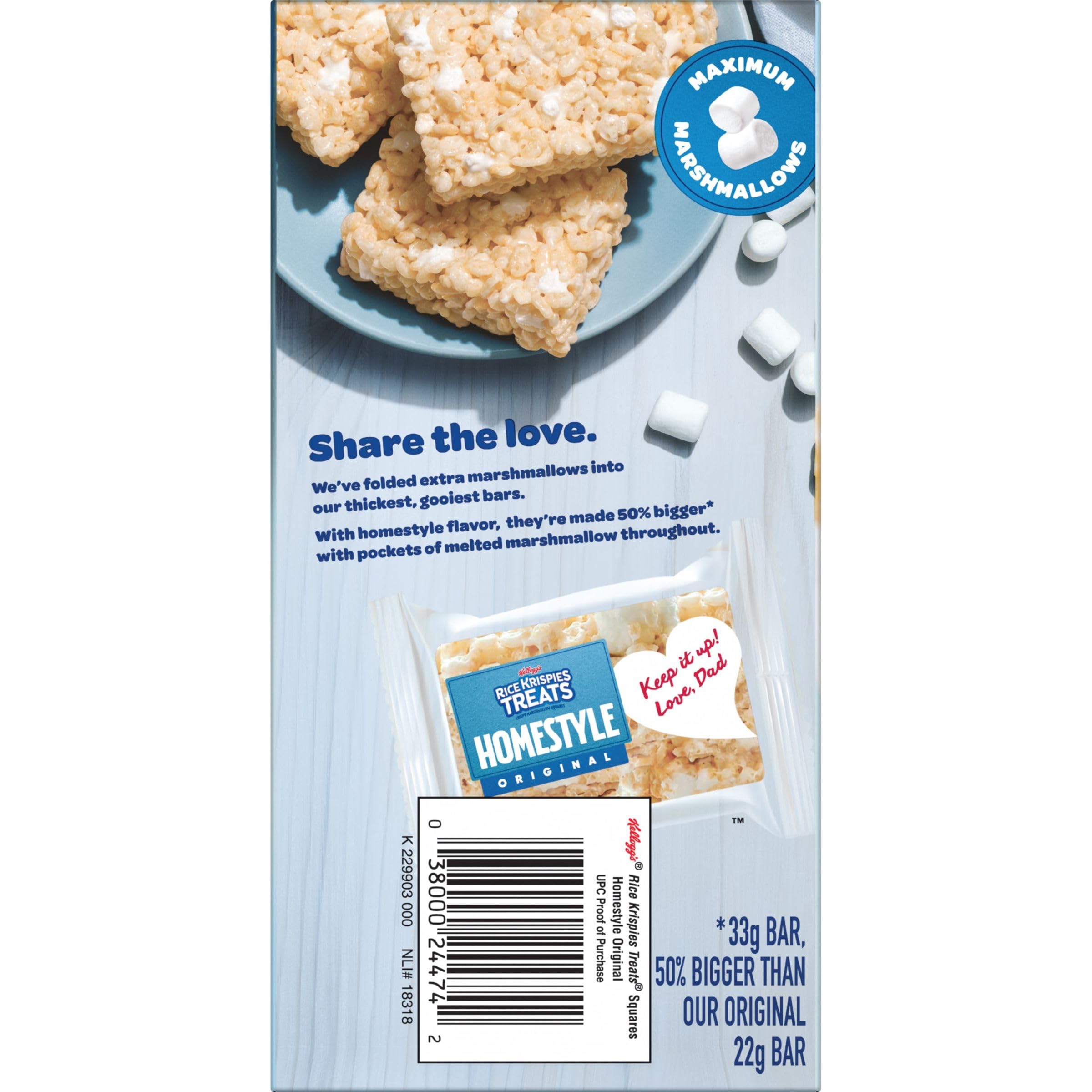 Kellogg's Rice Krispies Treats Homestyle Crispy Marshmallow Squares - Original Flavor Cereal Bars (6.98oz Box, 6 Bars) | Kids Snacks, Lunchbox Treats & After-School Snacks for Children