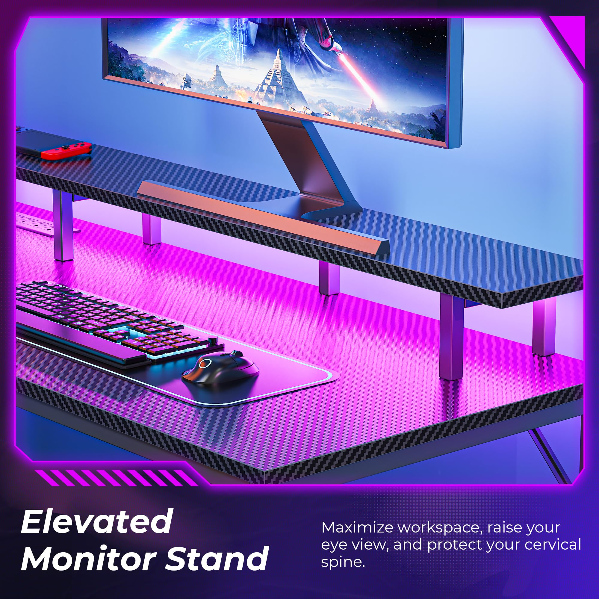 SUPERJARE L-Shaped Gaming Desk with LED Lights & Power Outlets, Ergonomic Computer Desk with Monitor Stand & Headphone Hooks, Carbon Fiber Black Home Office Corner Desk for Streaming, Gaming & Workstation Setup