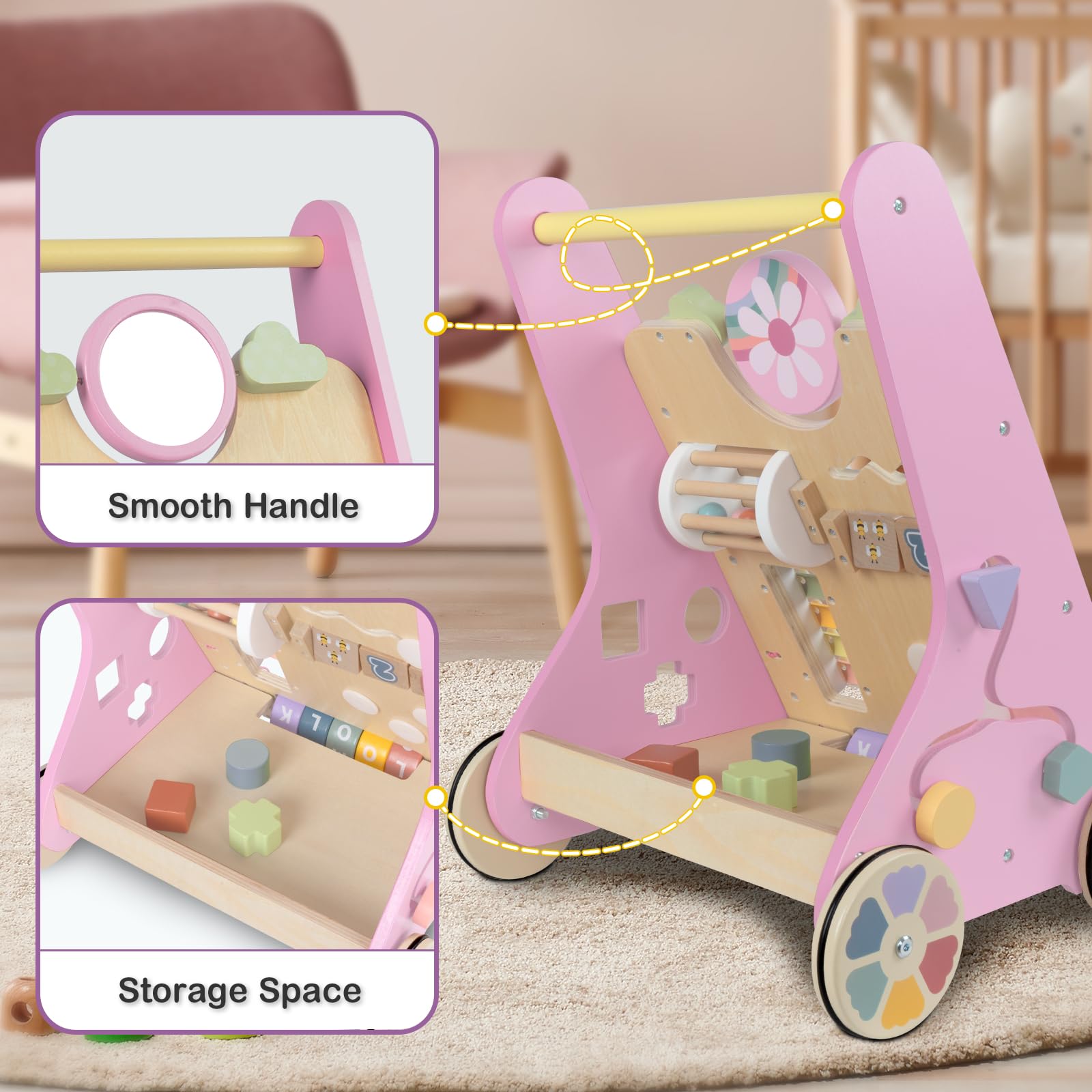 Wooden Baby Walker with Wheels - Push Walker Toy for Babies 6-12 Months - First Steps Learning Toy for 1 Year Old Boys & Girls - Perfect for Indoor Playtime & Early Walking Development