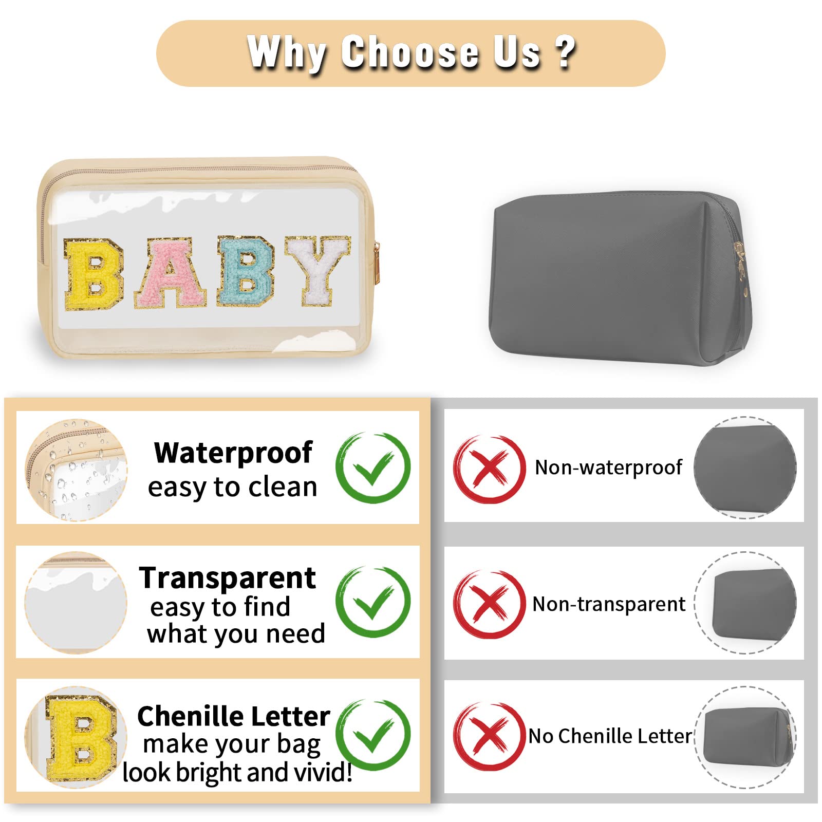 Waterproof Nylon Chenille Letter Makeup Bag with Zipper - Perfect for Travel, Gym & Everyday Cosmetics Storage
