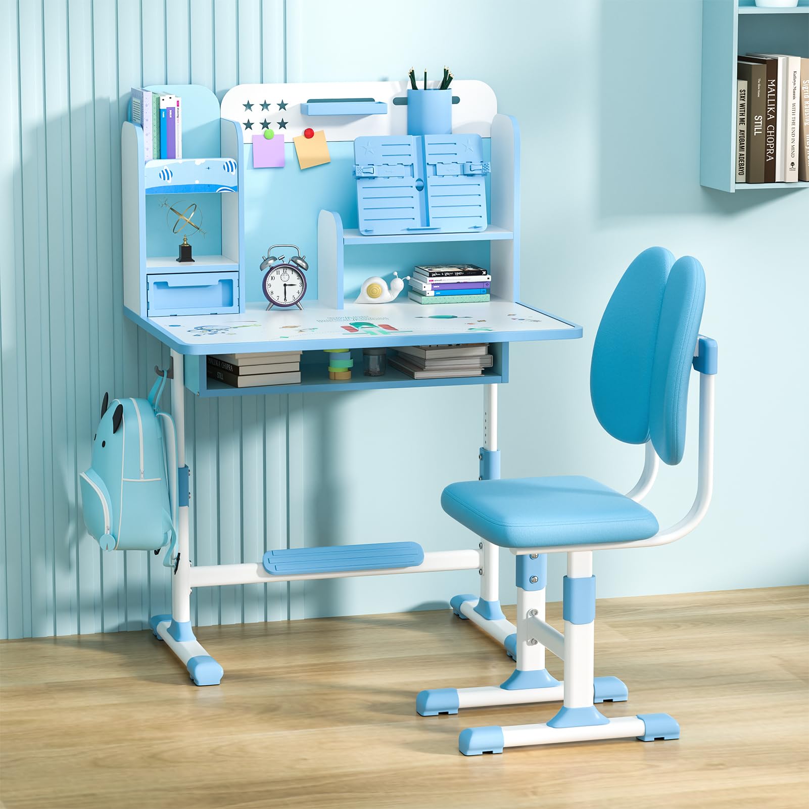 Adjustable Kids Desk and Chair Set - Ergonomic Study Table for Children with Drawer, Bookstand & Foot Pedal - Blue School Furniture for Boys & Girls - Perfect for Homeschooling, Online Learning & Bedroom Study Space