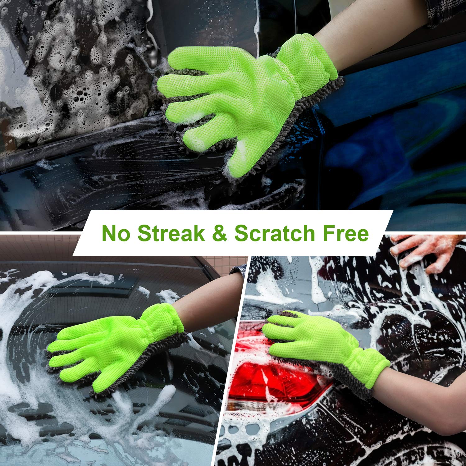 2 Pack XINDELL Microfiber Car Wash Mitts with Fingers - Extra Large Scratch Free & Lint Free Cleaning Mitt for Car Exterior, Interior & Motorcycle Washing - Perfect for Hand Wash, Detailing & Auto Care