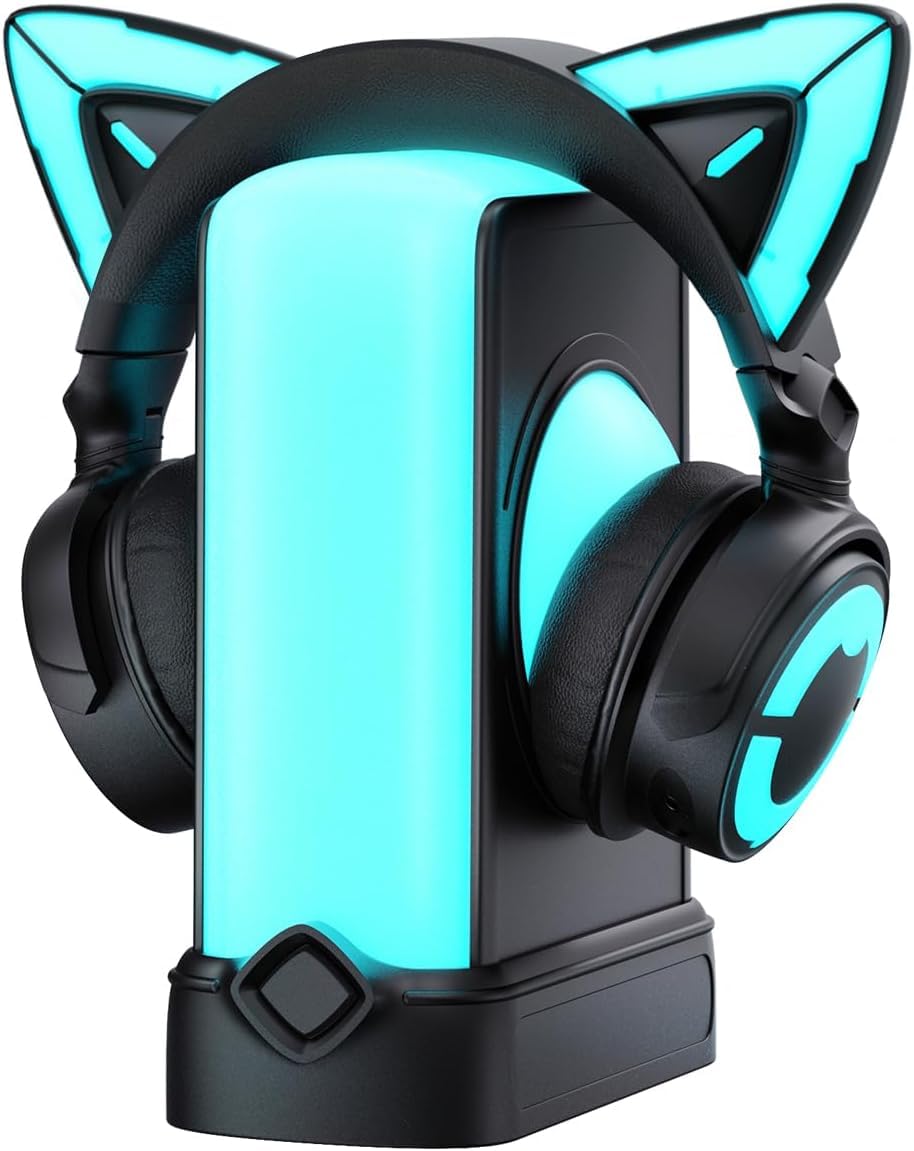 YOWU RGB Cat Ear Headphones with Crystal Headphone Stand - Wireless Bluetooth Gaming Headset for PC, PS5, Switch - Perfect for Gaming, Streaming & Cosplay