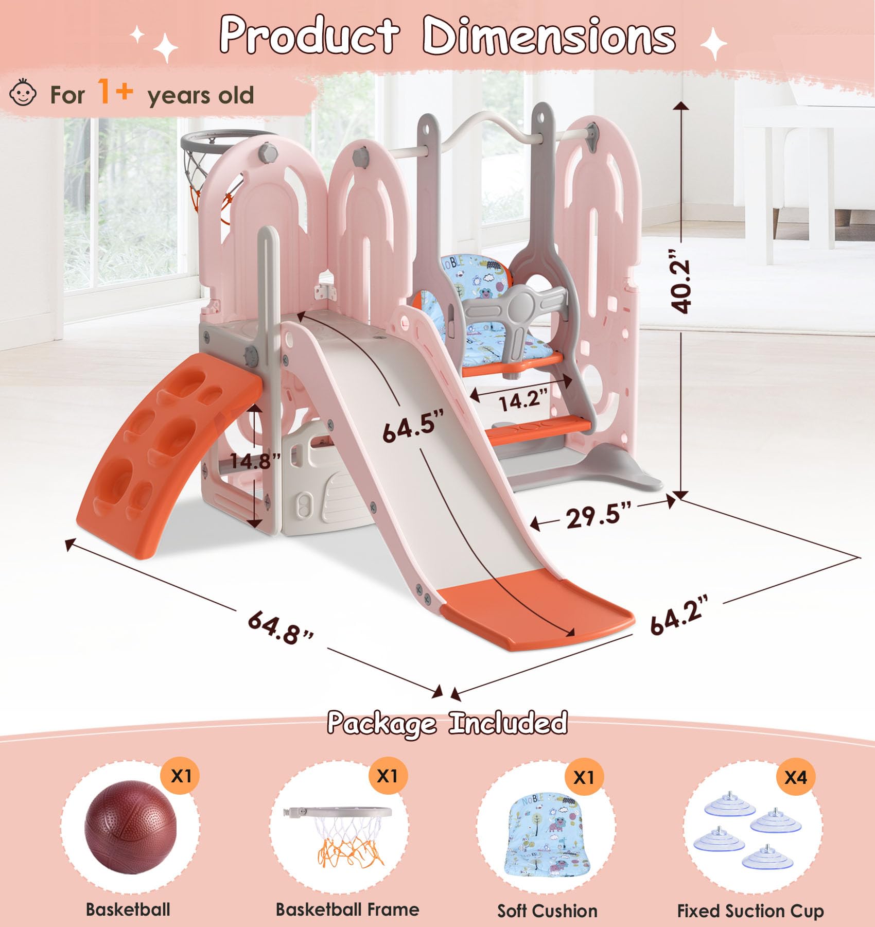 BIERUM 5-in-1 Toddler Slide and Swing Set with Basketball Hoop - Indoor/Outdoor Playground for Kids Ages 1-3 (Pink & Orange) - Perfect for Backyard, Playroom, and Preschool Activities