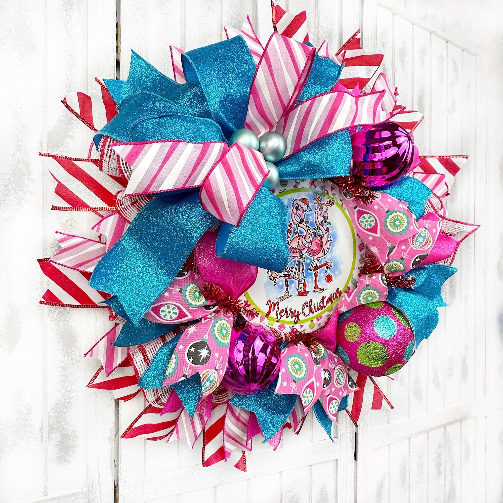 Handmade Coastal Beach Nautical Flamingo Christmas Wreath with Ball Ornaments & Bow - Tropical Holiday Door Hanging Decor for Christmas, Coastal Homes, Beach Houses & Tropical Themed Parties