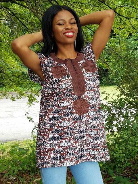 Stylish Brown African Print Gbariye Dashiki Top DP3770GW - Perfect for Cultural Events, Festivals & Afrocentric Fashion