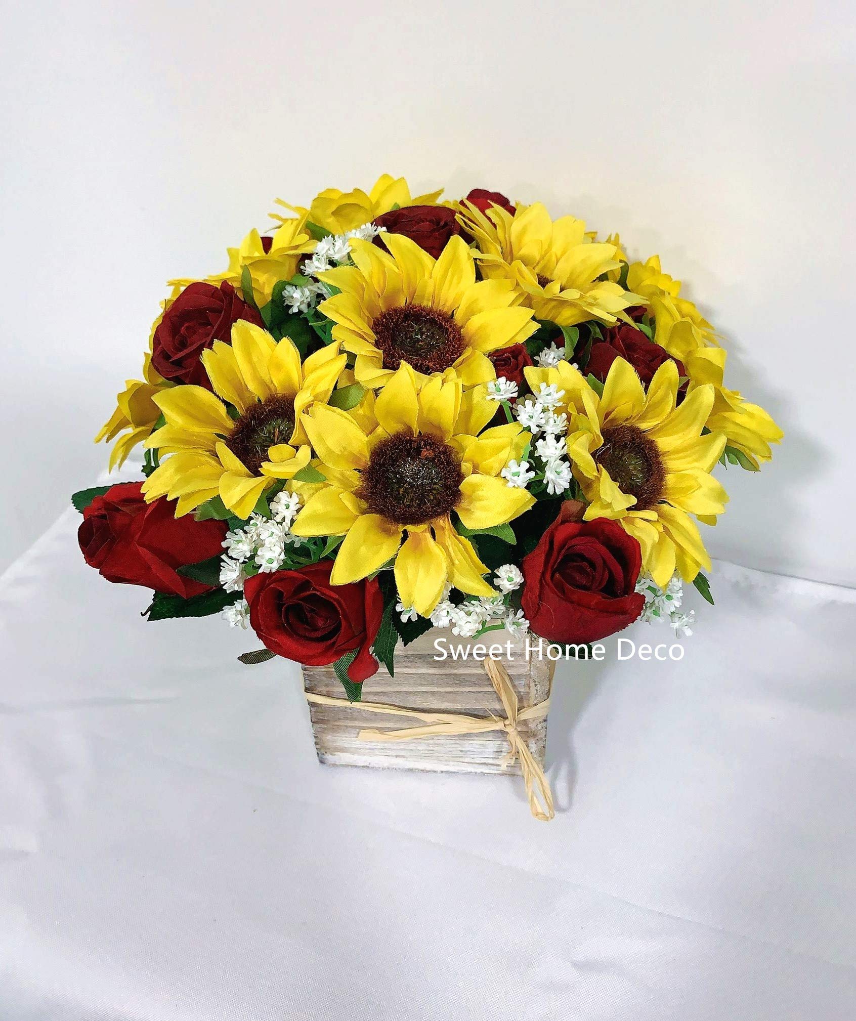 Silk Sunflower Rose Baby's Breath Wedding Bouquet - Bridal & Bridesmaid Bouquets, Boutonnieres in Yellow & Red - Perfect for Weddings, Bridal Showers & Home Decor