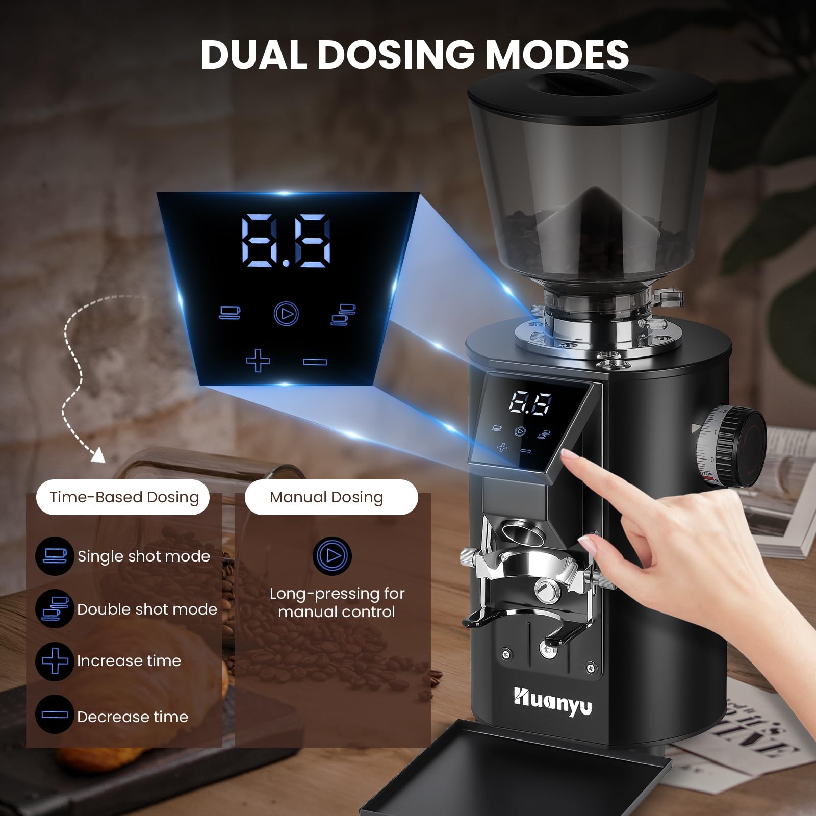 Commercial Coffee Grinder with Touch Screen - 8 Precise Grind Settings & Infinite Adjustment - Dual Dosing Modes for Espresso & Drip Coffee - Perfect for Cafés, Coffee Shops & Commercial Use