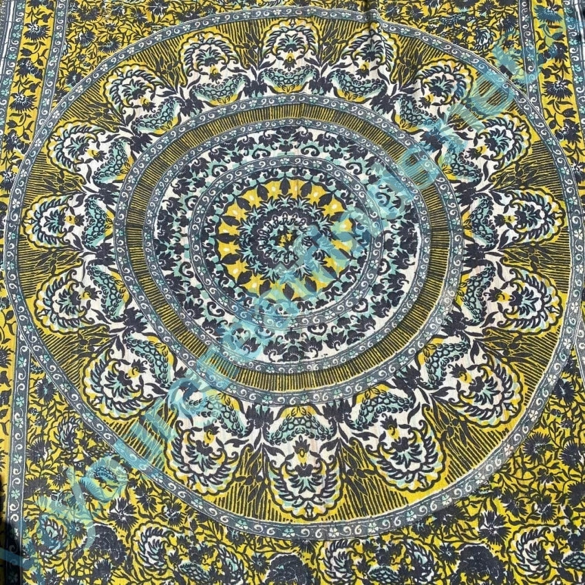 Vintage Indian Block Print Cotton Tablecloth - Handmade Blue & Yellow Tapestry for Dining Table, Boho Home Decor, Picnic & Party Use