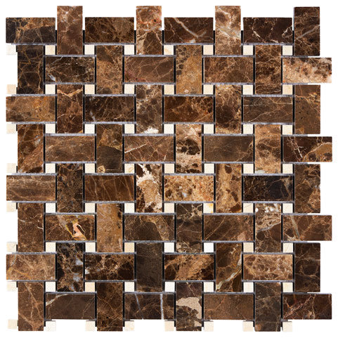 Emperador Dark Marble Basketweave Mosaic with Beige Dots - Polished Natural Stone Tile for Kitchen Backsplash, Bathroom Wall & Floor Decor