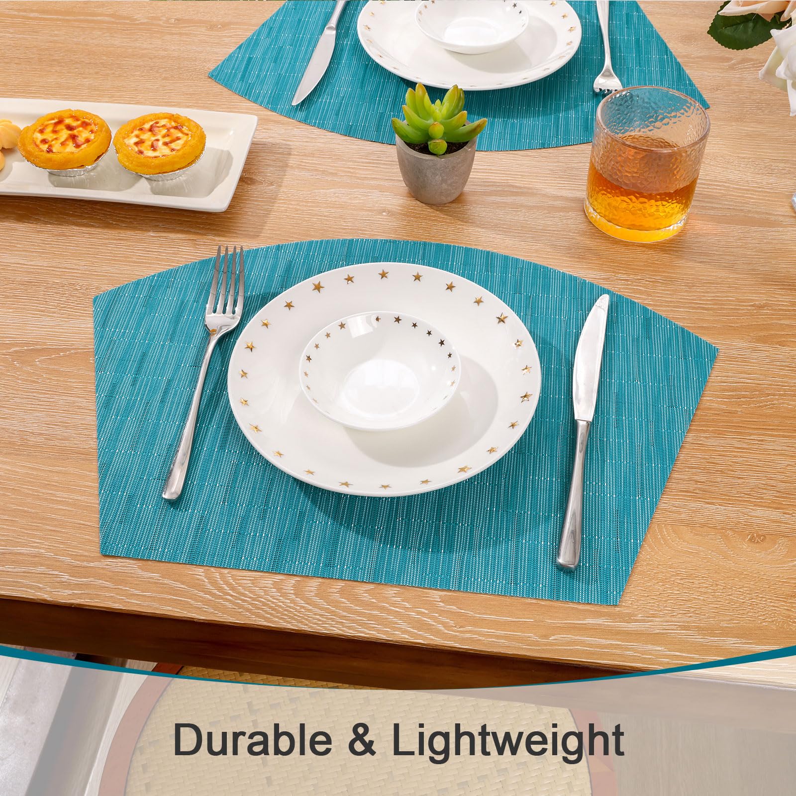 SHACOS 4-Pack Round Wedge Placemats Set - Heat Resistant Woven Vinyl PVC Table Mats for Indoor & Outdoor Use - Wipe Clean & Durable - Perfect for Dining Tables, Picnics, and Parties (Teal Blue)