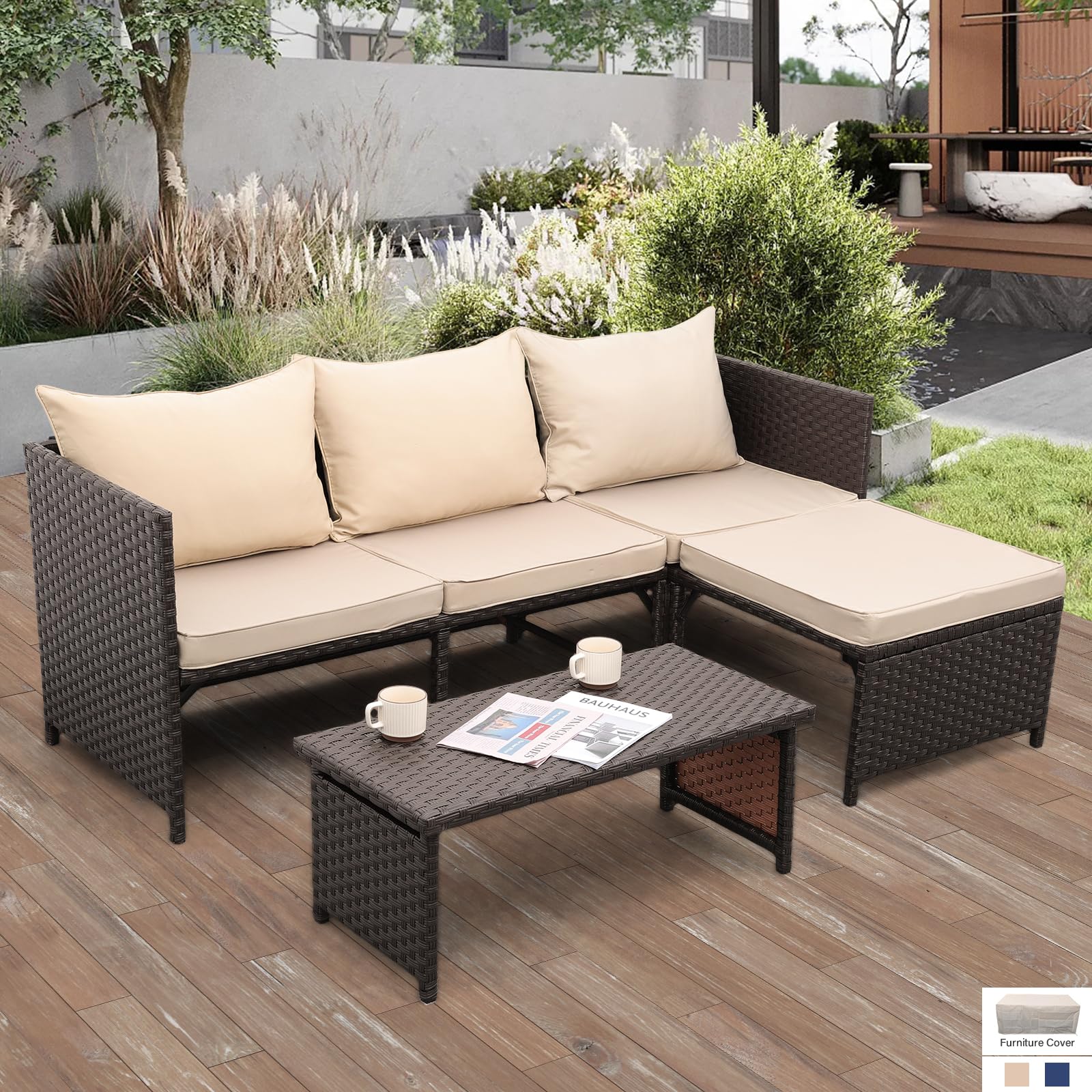 Valita 3-Piece Outdoor Patio Furniture Set - Waterproof Wicker Sectional Sofa, Loveseat & Coffee Table with Non-Slip Cushions (Khaki) - Perfect for Backyard, Garden, Poolside & Balcony Relaxation