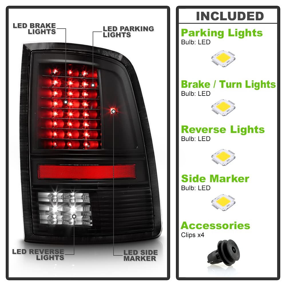 ACANII LED Tail Lights for 2009-2018 Dodge Ram 1500/2500/3500 - Black Housing, Updated Design - Left & Right Rear Lamps for Enhanced Visibility & Style (Perfect for Night Driving & Truck Customization)