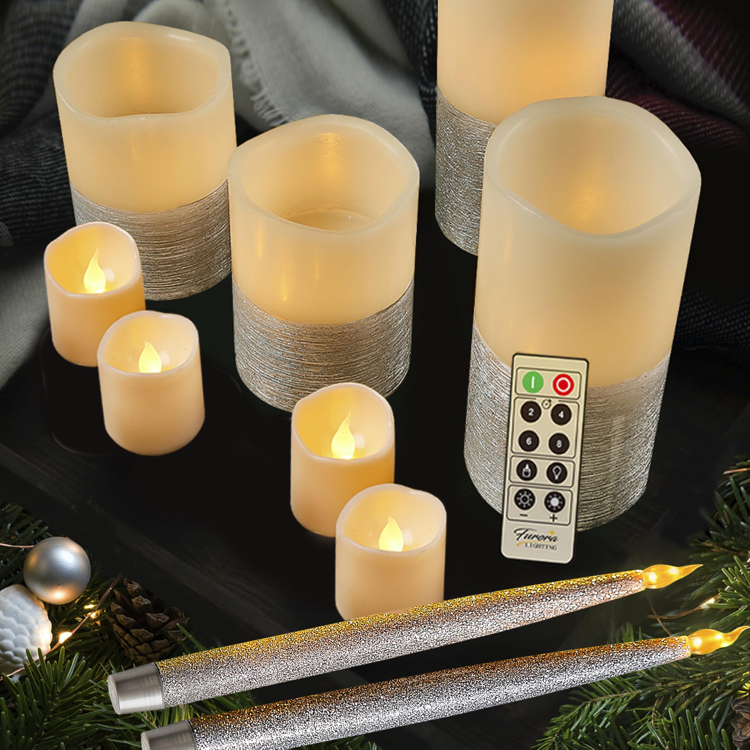 Flameless Candles with Remote & Timer - Silver Battery Operated for Christmas Decor