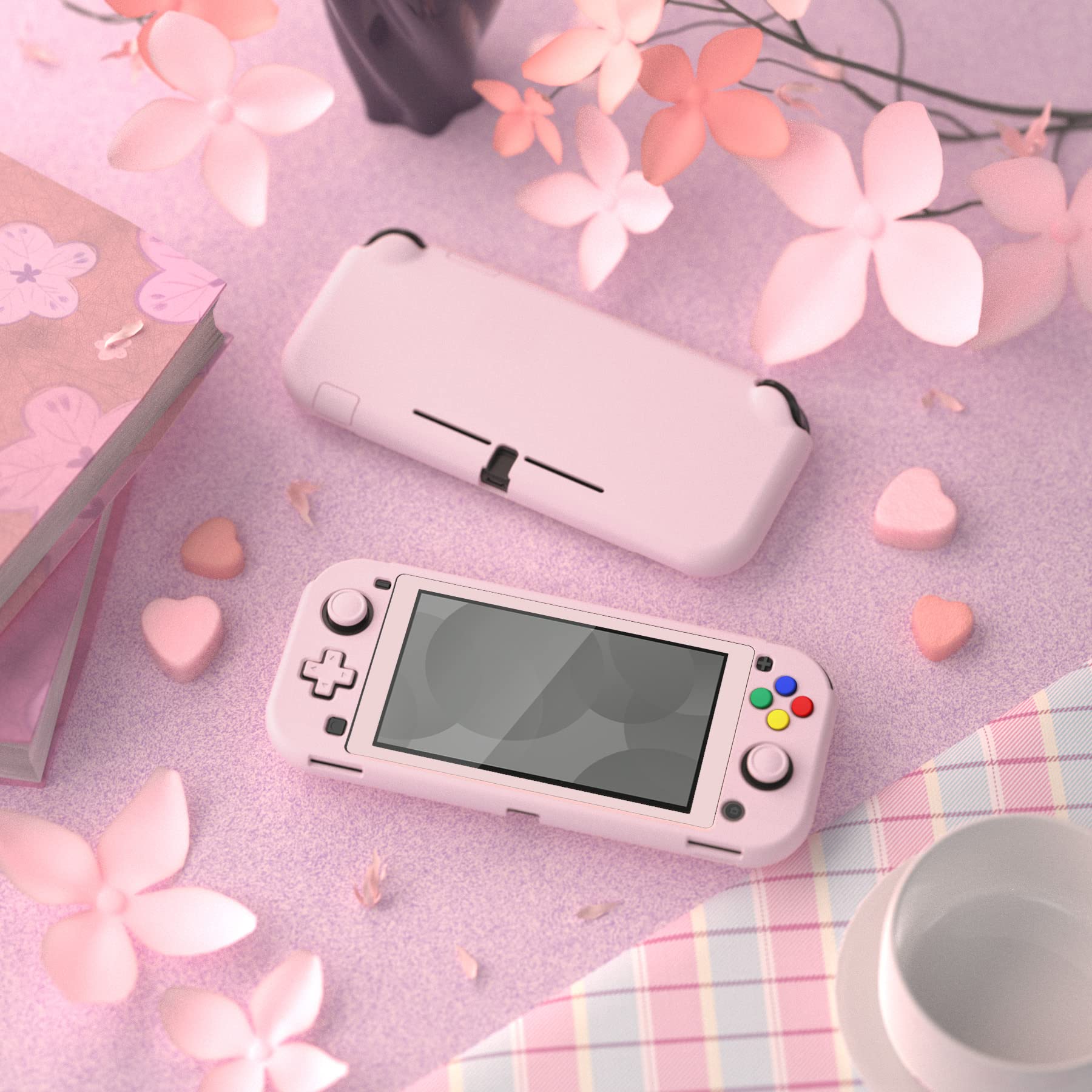 eXtremeRate PlayVital Protective Grip Case for Nintendo Switch Lite - Cherry Blossom Pink Hard Cover with Tempered Glass Screen Protector | Durable Protection for Gaming On-The-Go, Travel & Daily Use