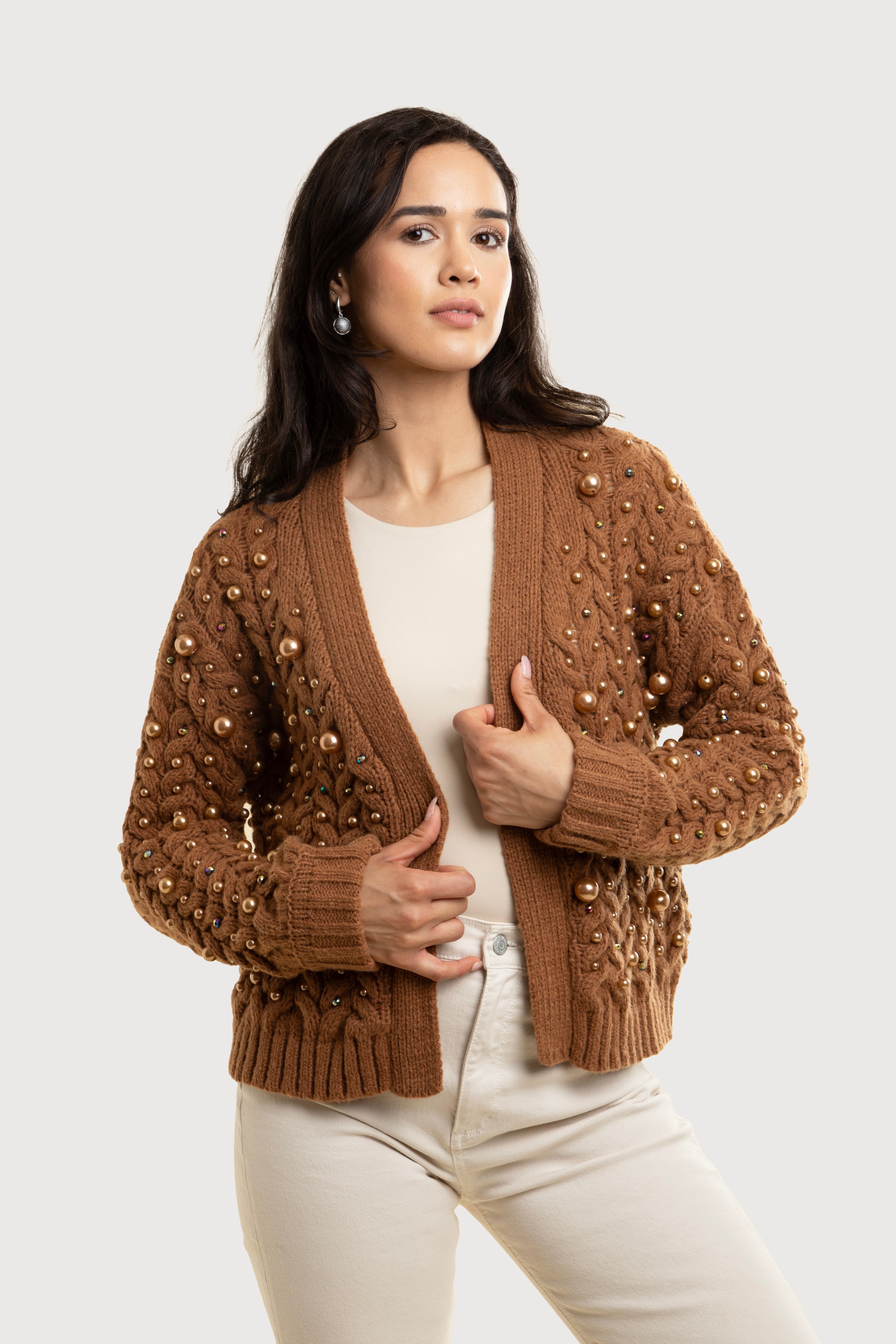 Brown Pearl Knit Holiday Cardigan - Cozy Winter Sweater for Christmas & Festive Gatherings