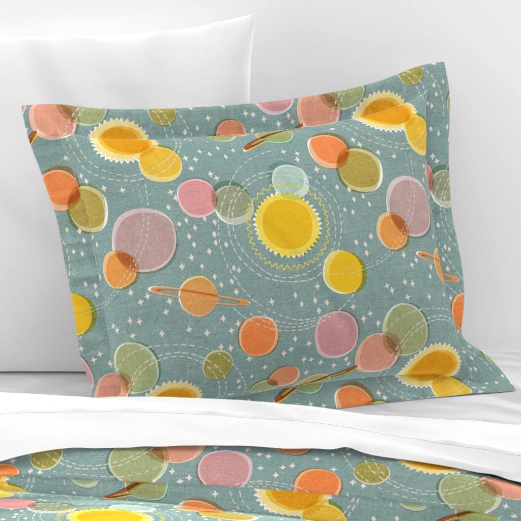 Planets Pastels Stars Retro Modern Sun Kids Science Space Print Cotton Sateen Flanged Edge Sham - Custom Bedding for Nursery, Kids Room & Space-Themed Decor